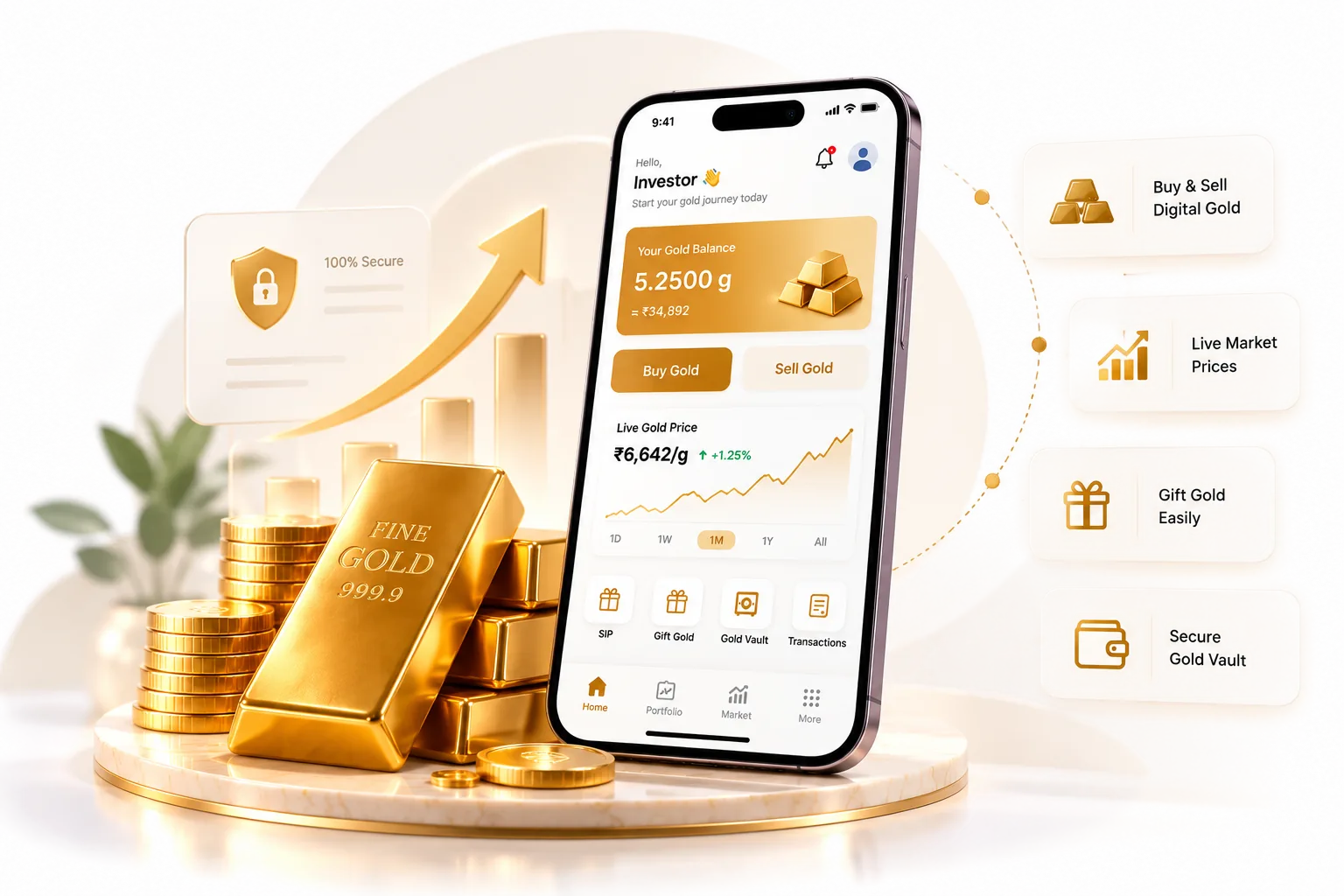 Digi gold app with gold balance, buy and sell gold, live gold price chart, SIP, gift gold and secure gold vault