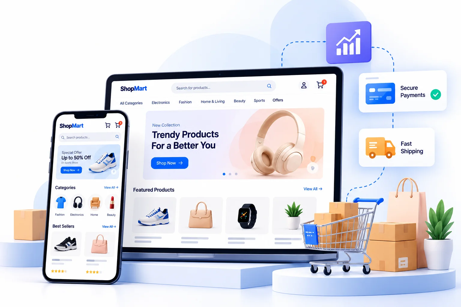 ShopMart e-commerce app on a phone and laptop with a shopping cart, secure payments and fast shipping