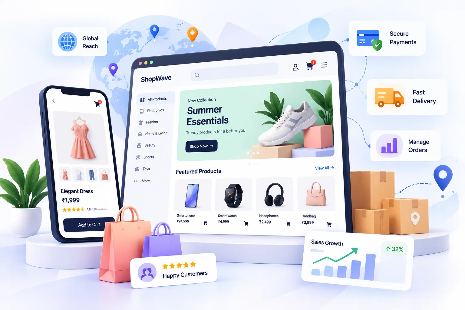ShopWave e-commerce ecosystem: shopping app on a phone and tablet with global reach, secure payments, fast delivery, order management, sales growth and happy customers