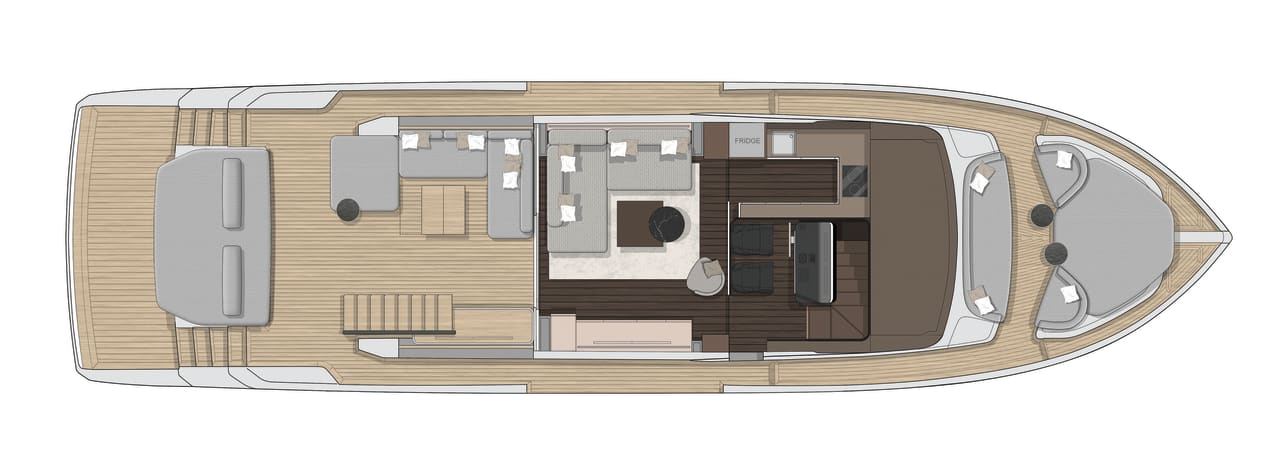 Rappresentazione digitale del layout del main deck del Sessantasette 67 Corsa con décor Milano