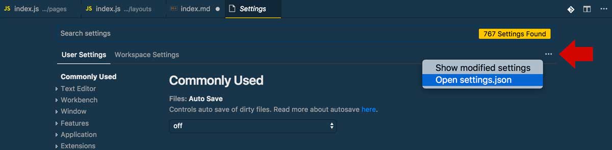 VSCode open settings