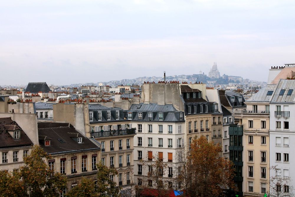 The rooftops of Paris as visible from the top of the Centre Pompidou. The trees in the foreground of orange and brown leaves. The day is hazy and grey. Sacre Coeur is visible in the distance.