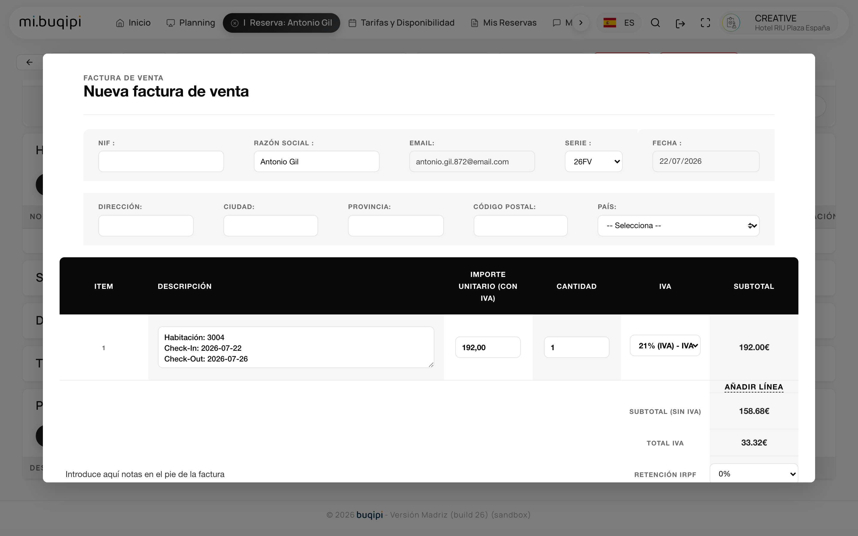 Nueva factura de venta generada desde la reserva