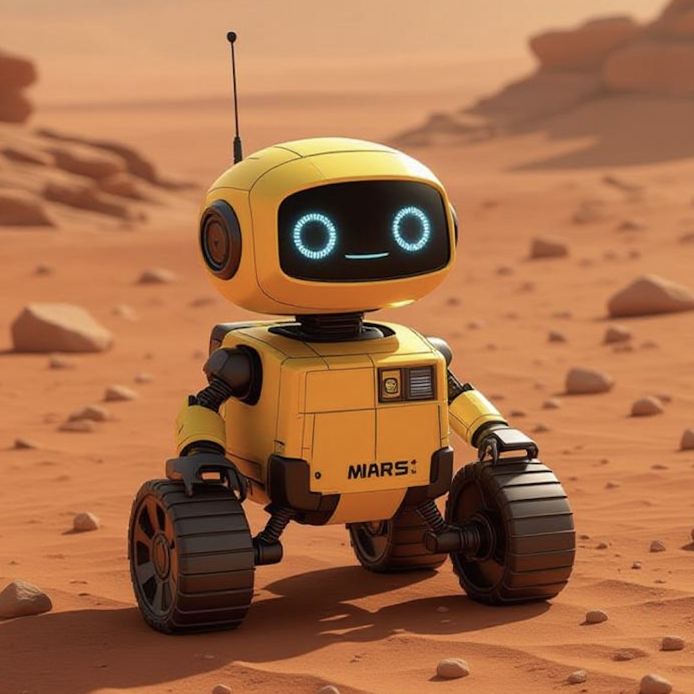 A cute yellow robot rovering on planet Mars. Image generate by AI.