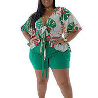 Women's Plus Size Tops Set Leaf Short Sleeve V Neck Streetwear Hawaiian Daily Going out Spandex Spring Summer Green Lightinthebox