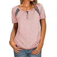 Women's T shirt Plain Striped Button Round Neck Basic Tops Blue Black Pink miniinthebox