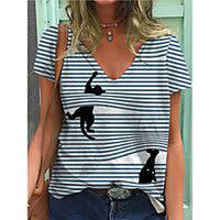 Women's T shirt Striped Animal Patchwork Print V Neck Basic Tops White / 3D Print miniinthebox