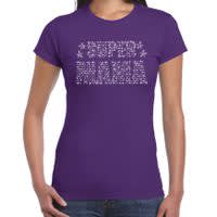 Glitter Super Mama t-shirt paars Moederdag cadeau rhinestones steentjes voor dames