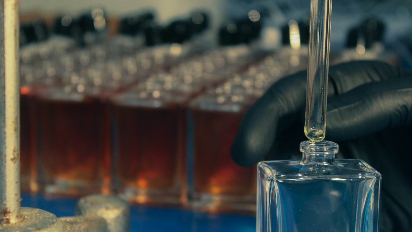 Bottle being filled on a beverage production line