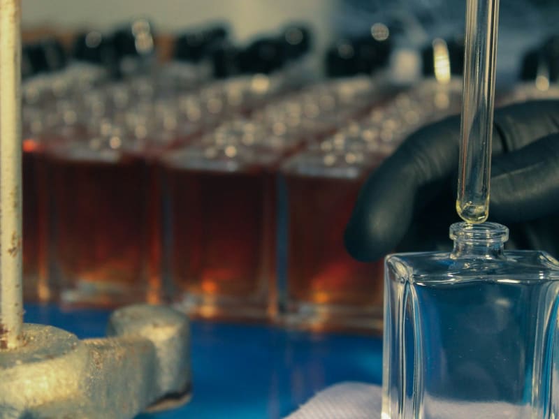 Bottle being filled on a beverage production line