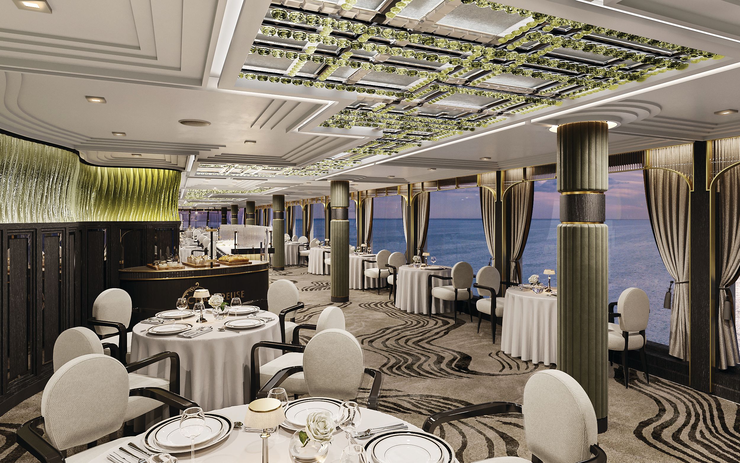 A fine dining area with a stunning ceiling design, combining modern elegance with a touch of classical decor.