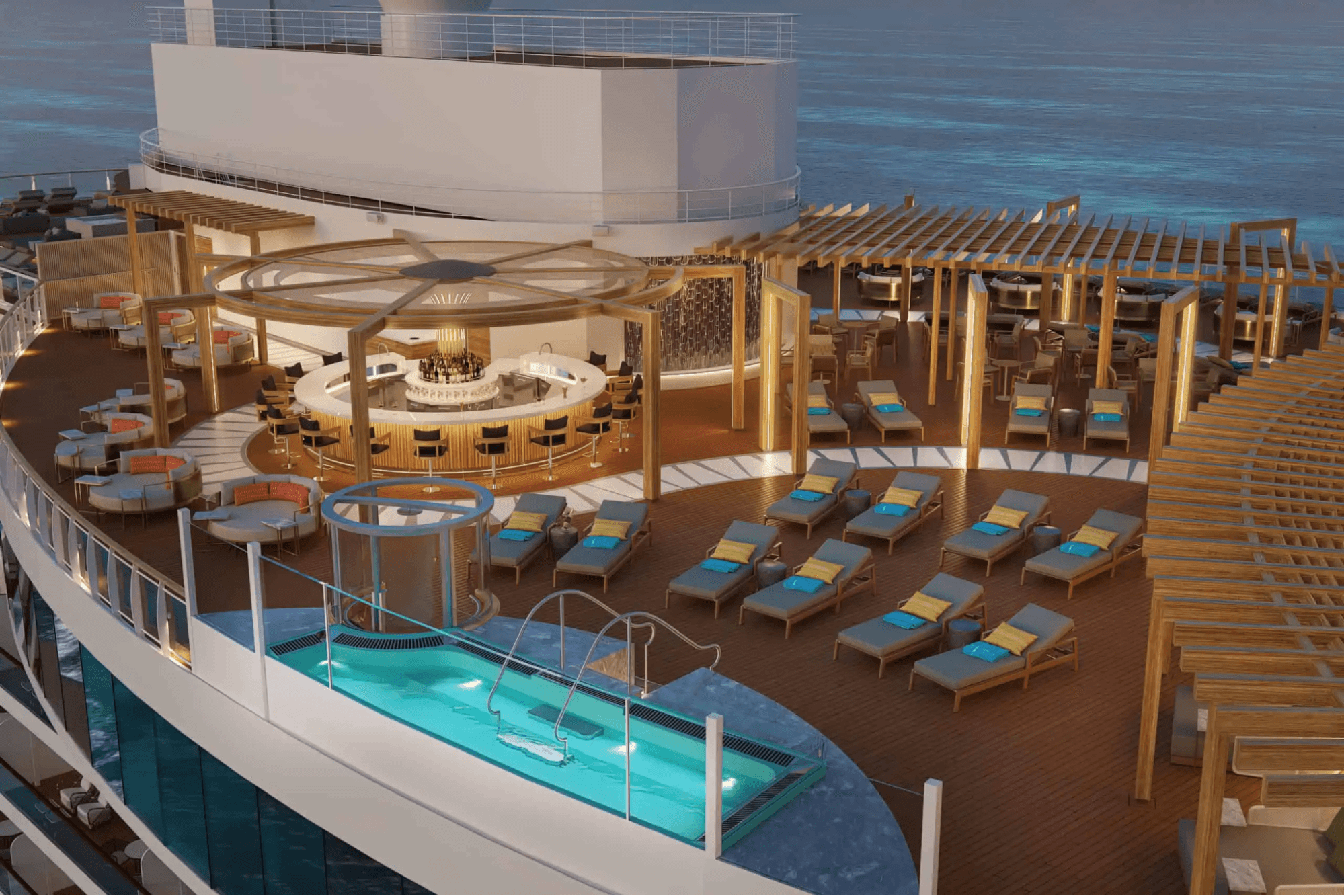 A luxurious pool deck on a Norwegian Cruise Line ship, featuring sun loungers, stylish seating areas, and a central bar, offering an evening view.