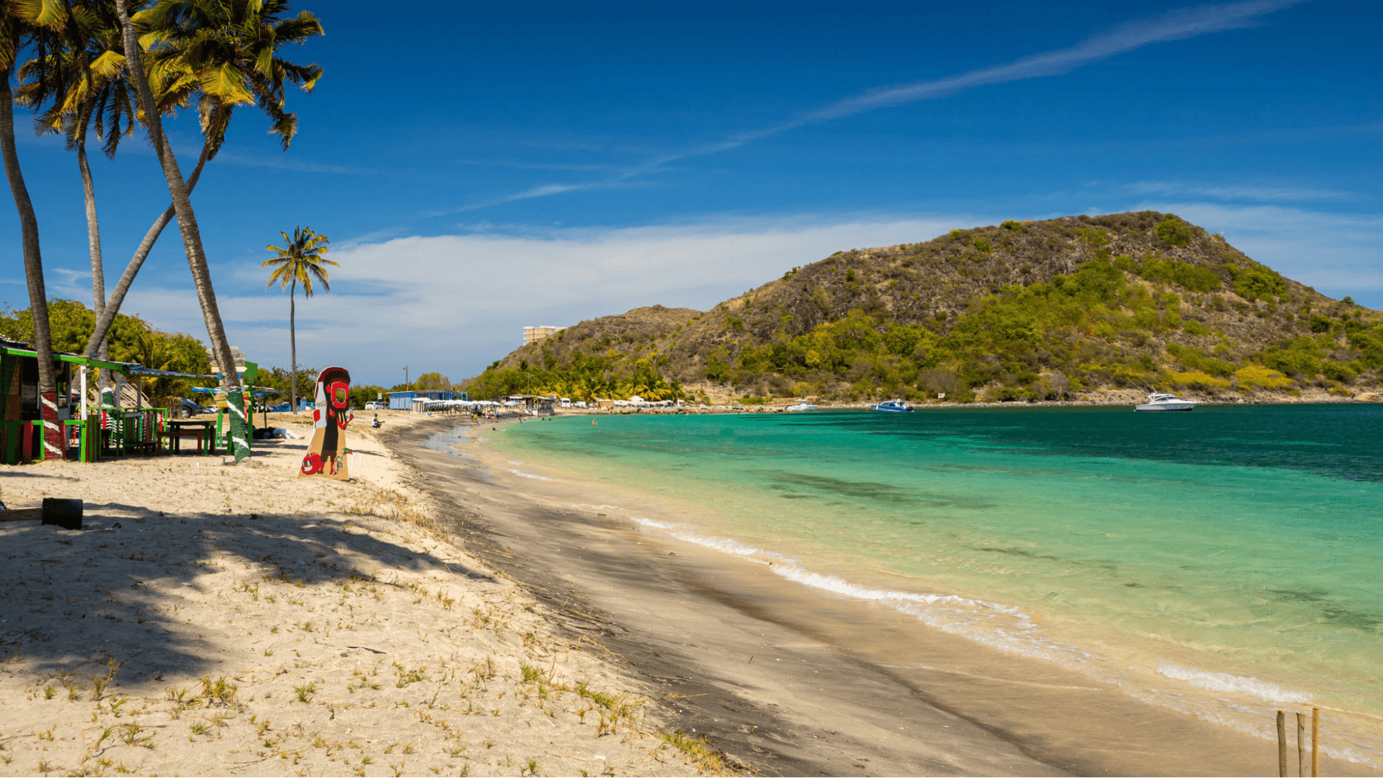 Colorful aerial view of St. Kitts’ coastline, featuring a sandy beach, turquoise waters, and lush green hills.