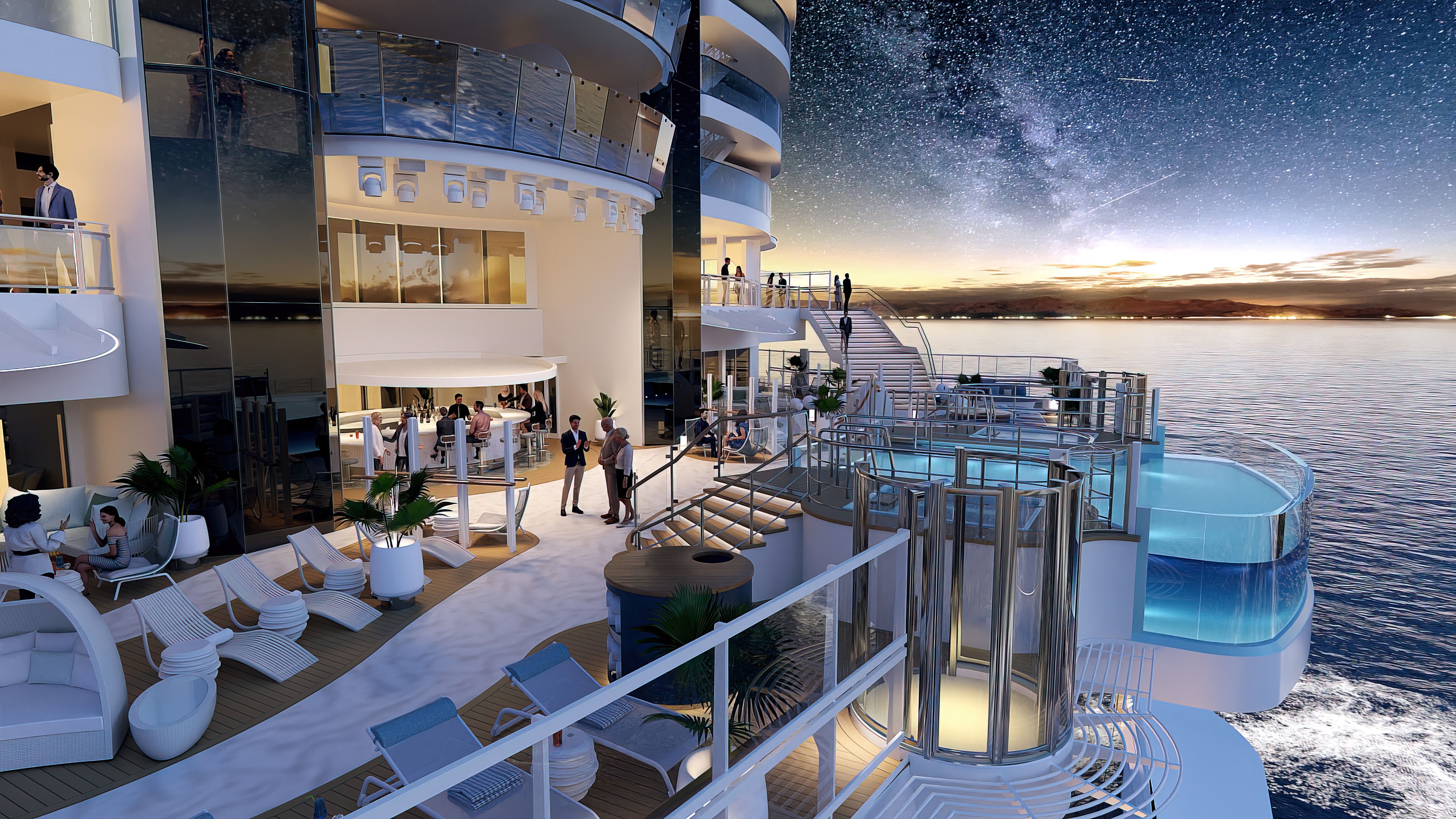 Star Princess cruise ship's Wake View Terrace at twilight, with guests enjoying the ocean vista and luxurious outdoor lounging.