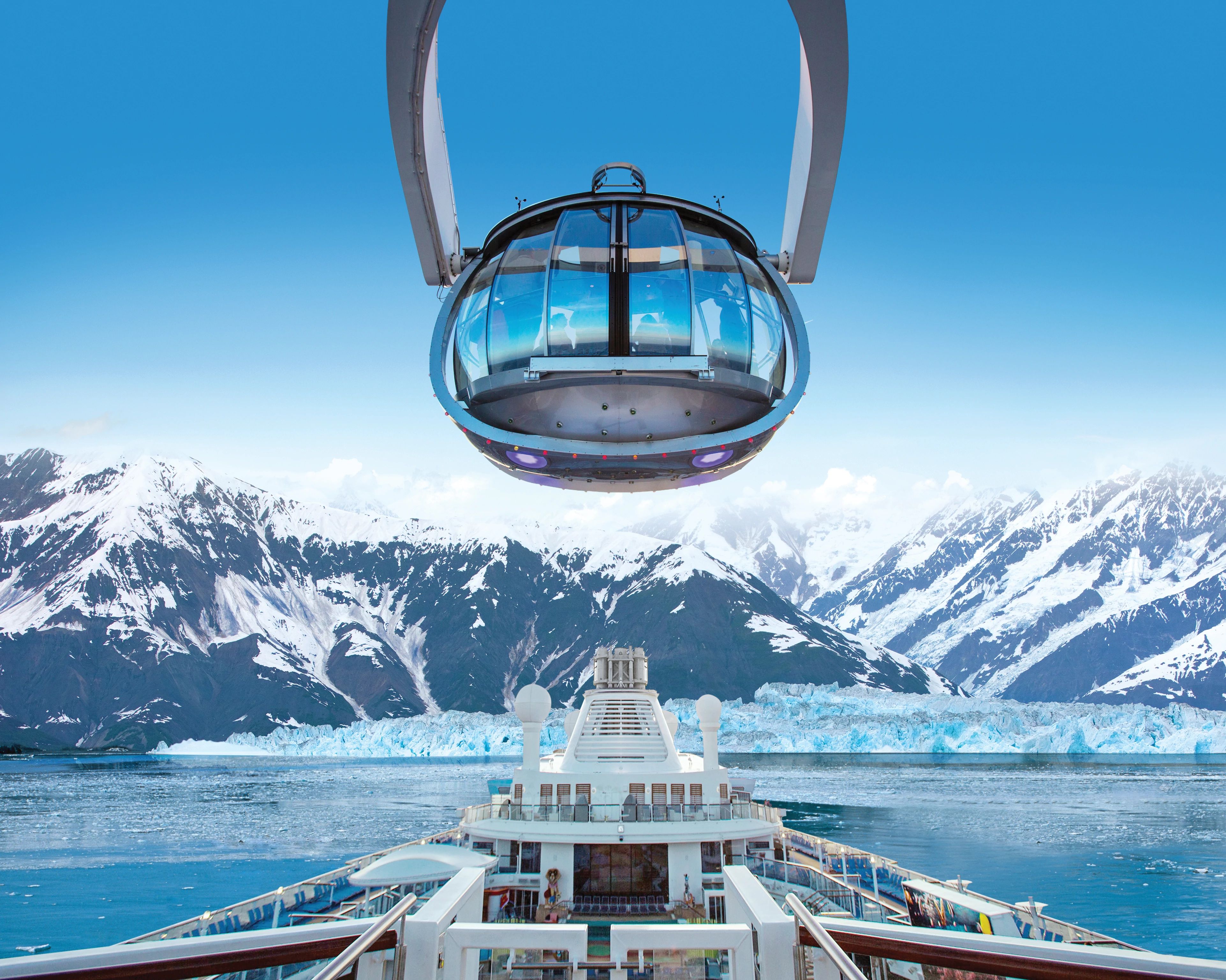 North Star observation capsule on Royal Caribbean offering panoramic views of Alaskan glaciers, a unique, scenic experience from a luxury cruise.