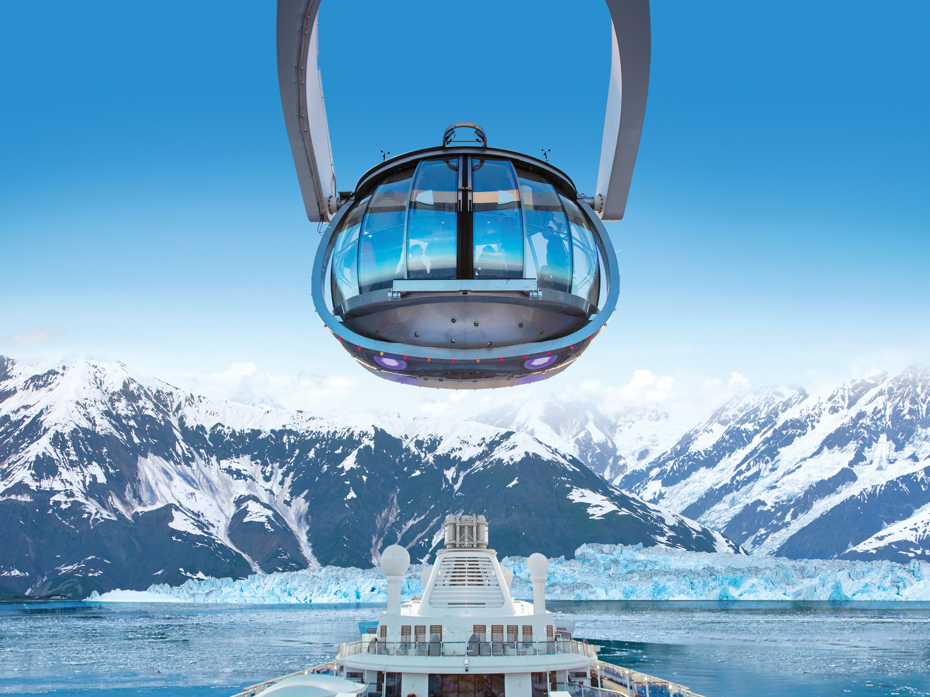 North Star glass capsule on Quantum of the Seas overlooking Alaskan glaciers.