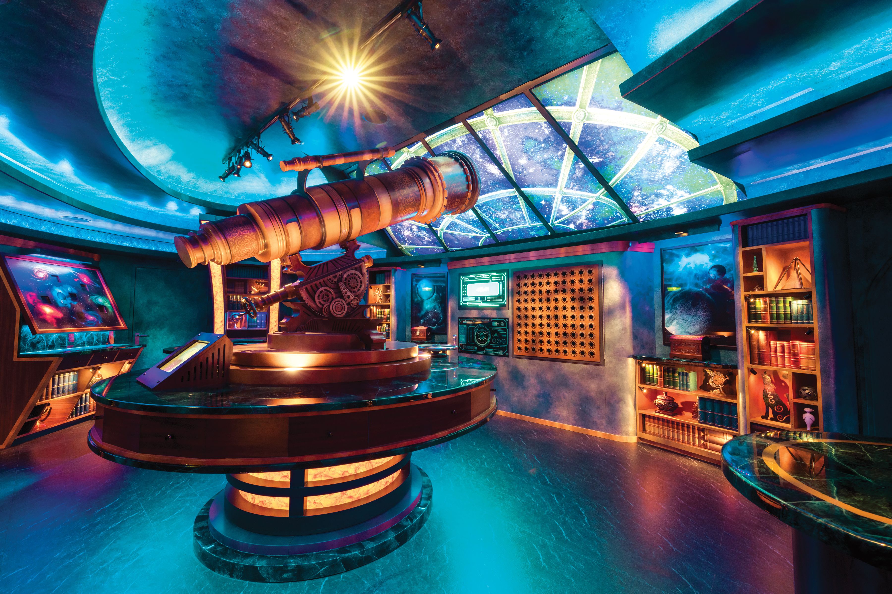 Intriguing Royal Escape Room on a Royal Caribbean ship, with an astral telescope and cosmic decor.