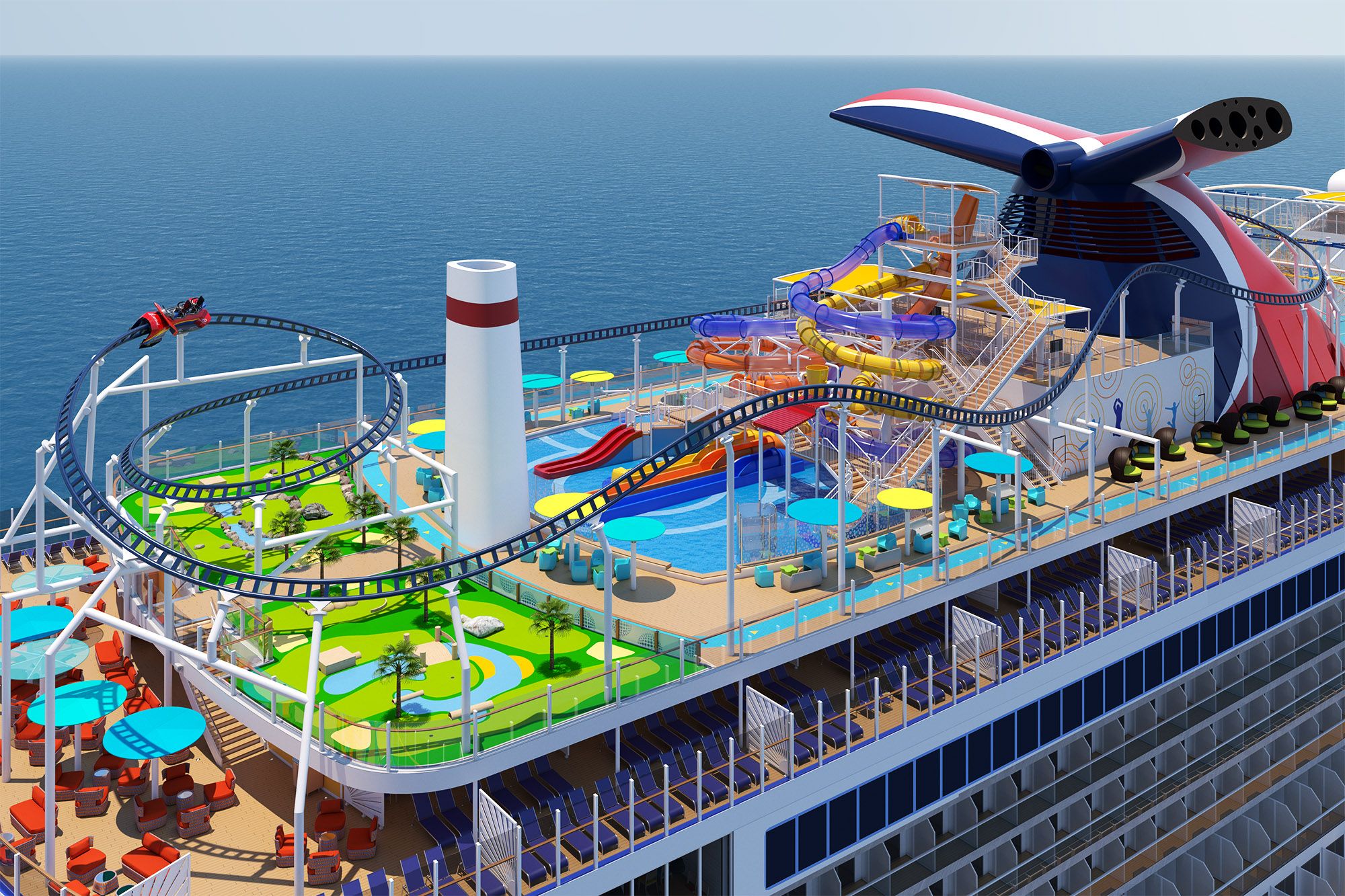 Carnival Jubilee's "Ultimate Playground" with roller coaster, water slides, and pools on a sunny day at sea.