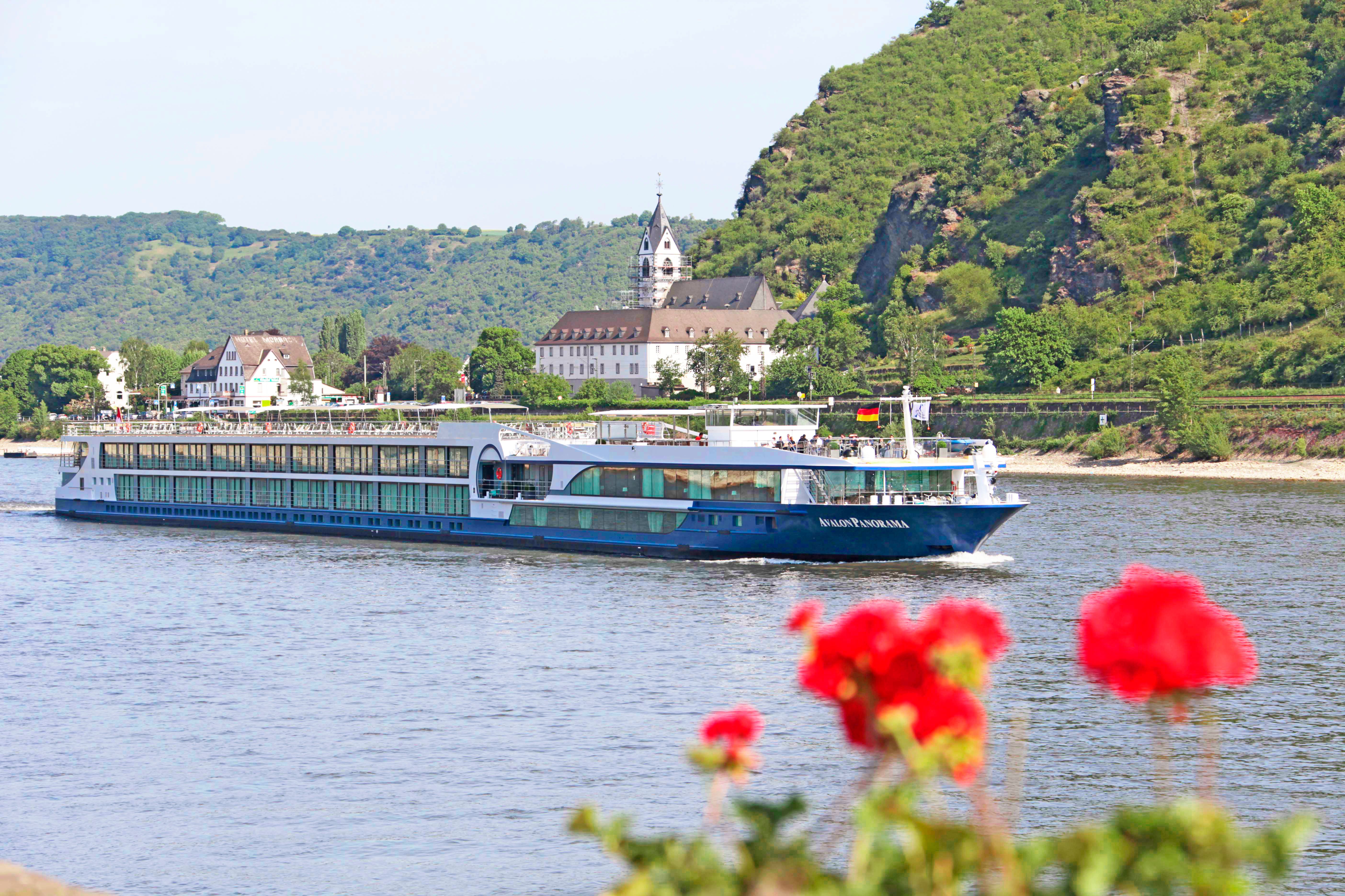 Avalon Panorama gliding past a European village with historical architecture along the riverbank.