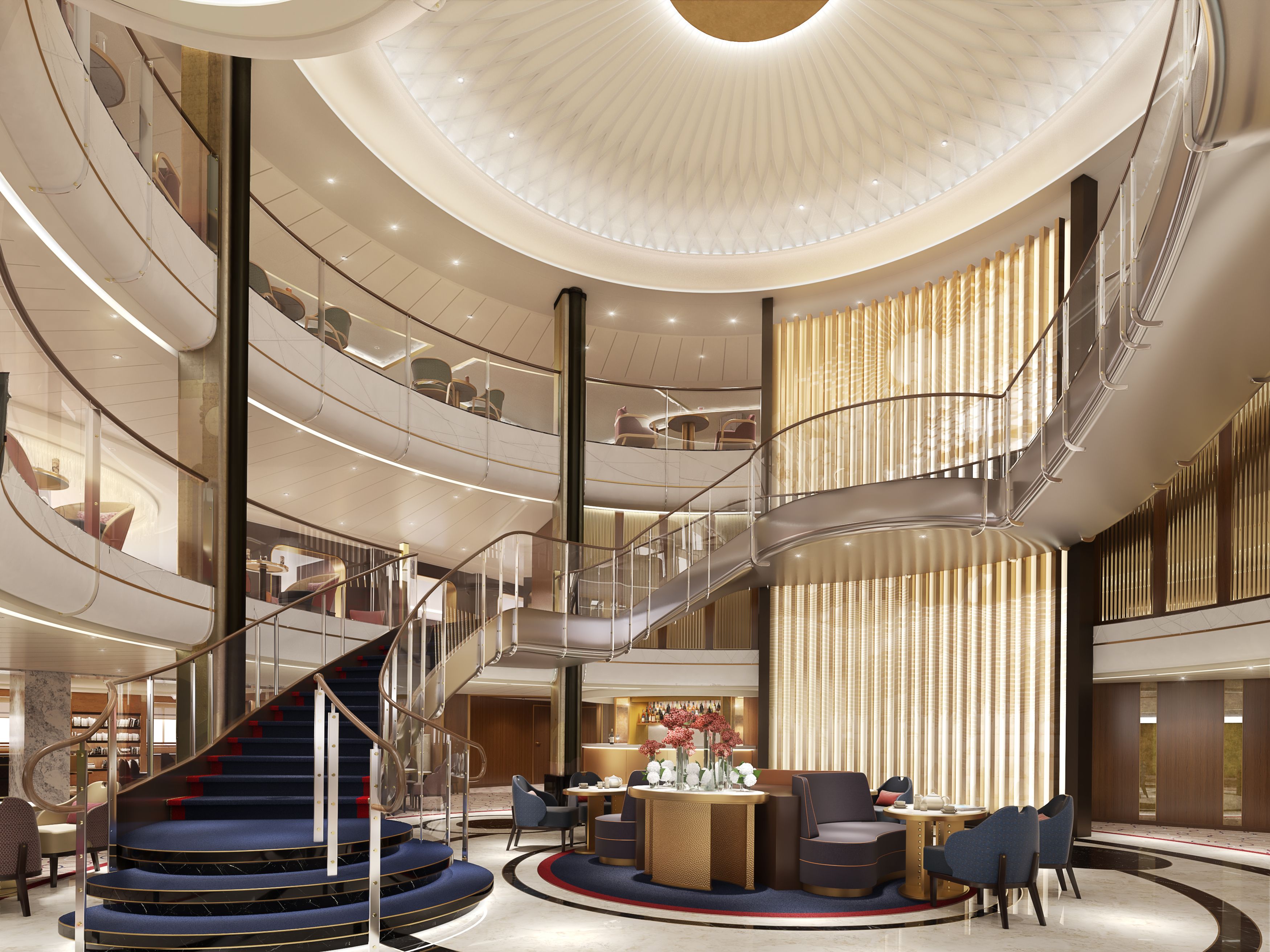 Opulent Cunard Queen Anne grand lobby with sweeping staircases, modern lighting, and plush seating areas.