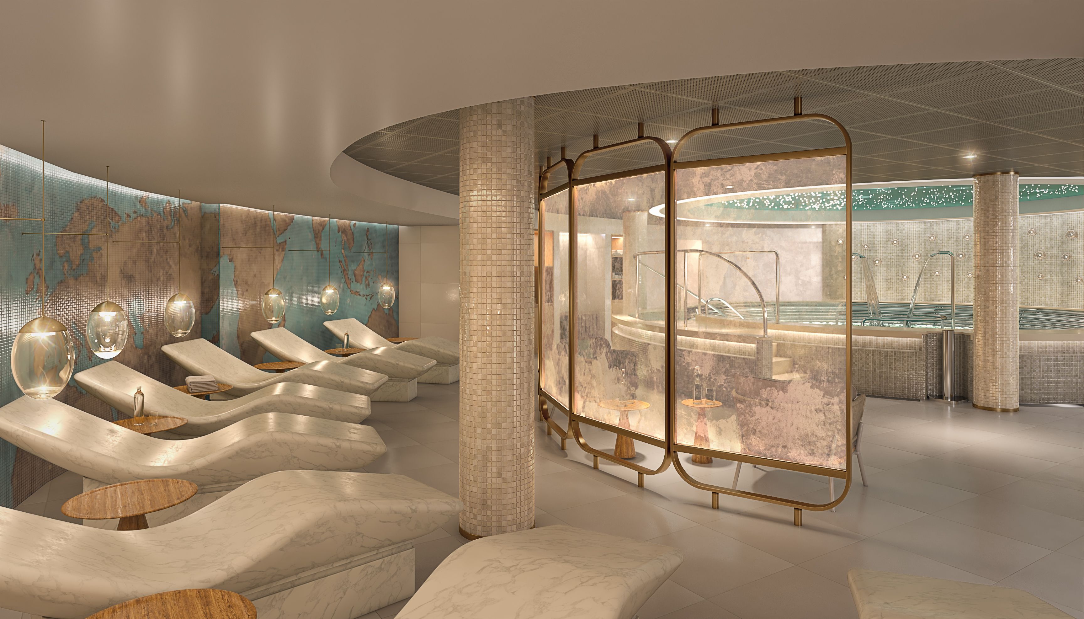 Cunard Queen Anne's Mareel Thermal Suite featuring tranquil spa loungers and a serene hydrotherapy pool.