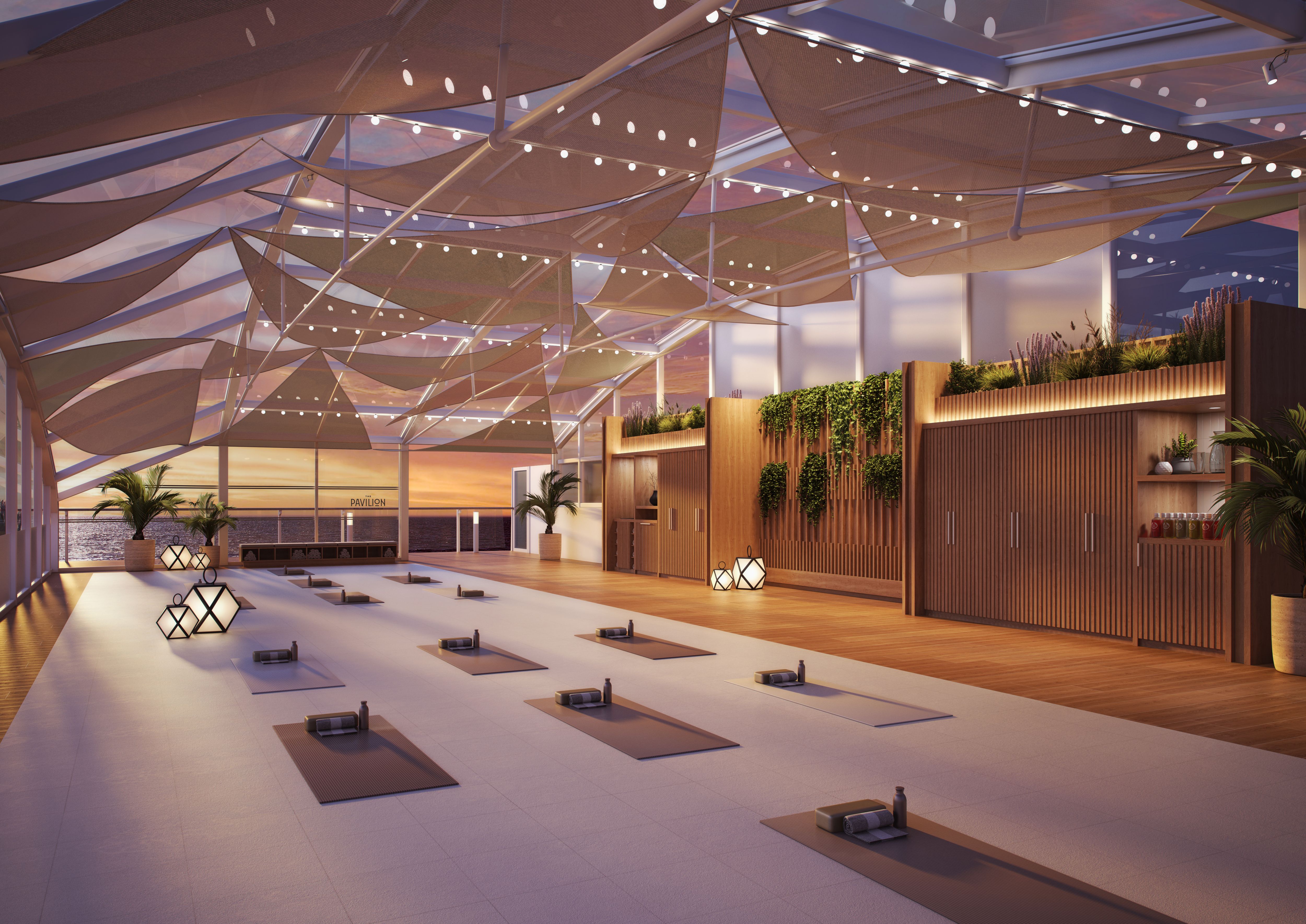 Cunard Queen Anne wellness studio at dusk, with yoga mats and atmospheric lighting for relaxation sessions.