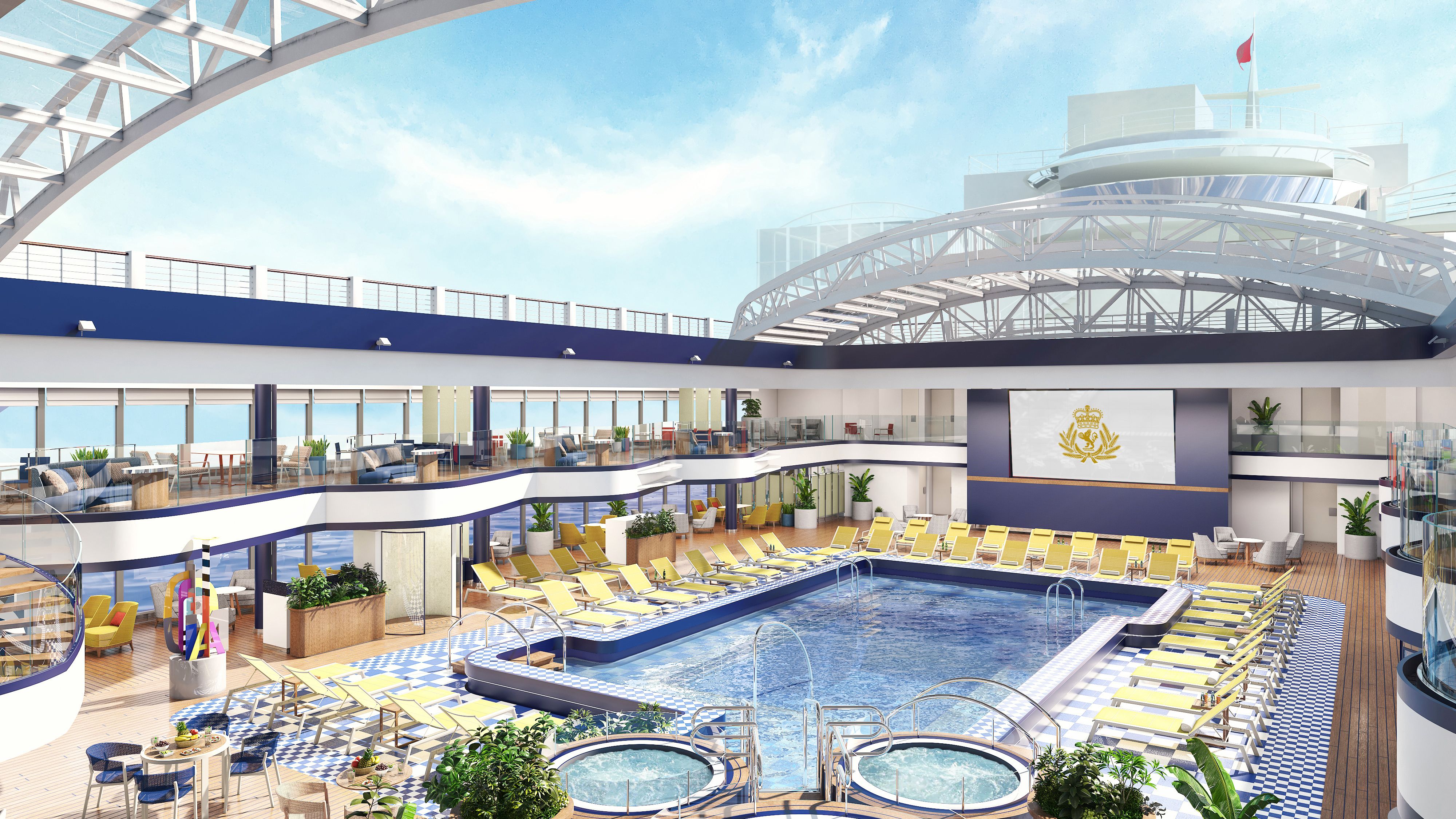 Bright and airy Cunard Queen Anne Pavilion with a pool, loungers, and retractable roof for luxurious cruising.