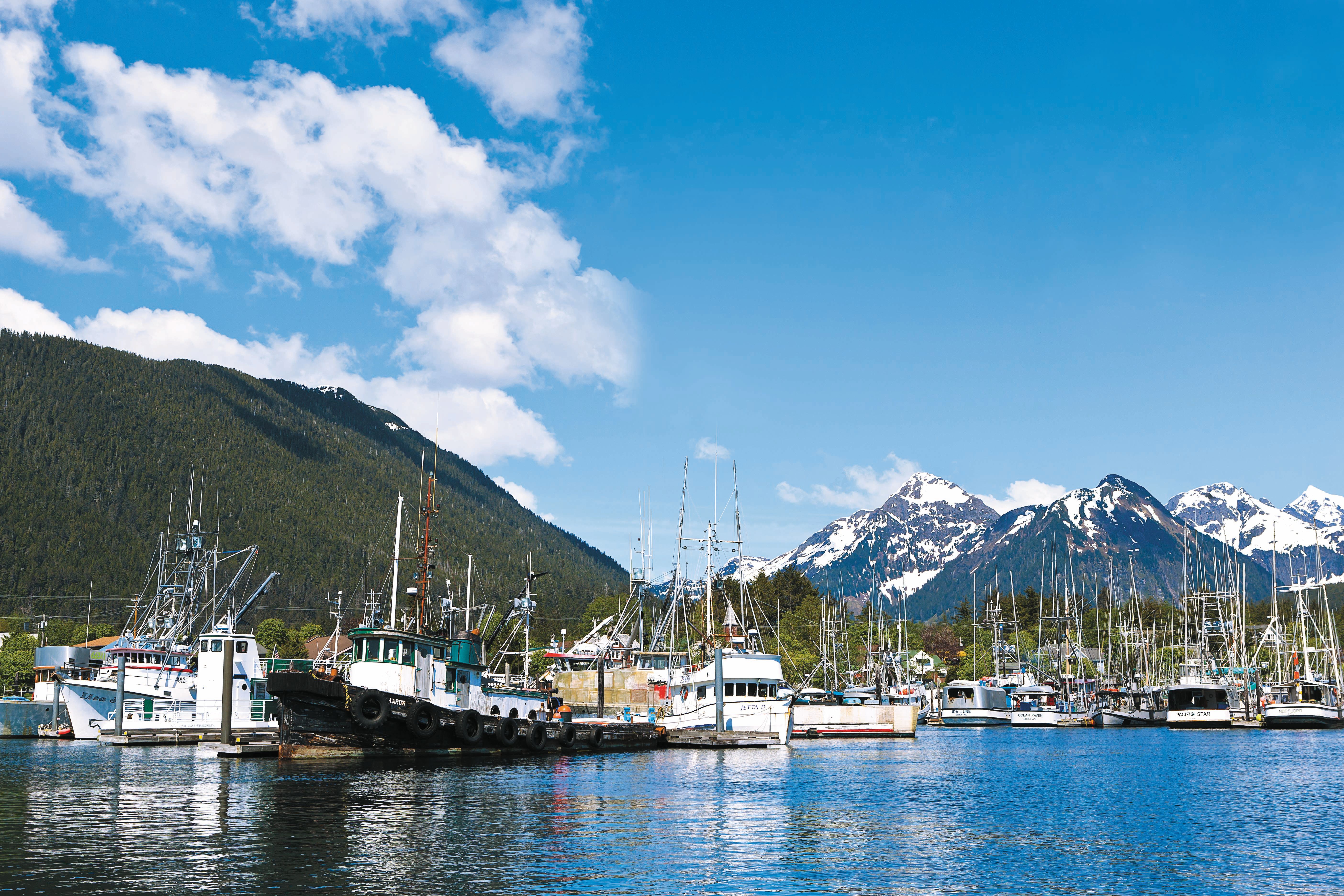 Scenic marina with fishing boats against Alaskan mountains.