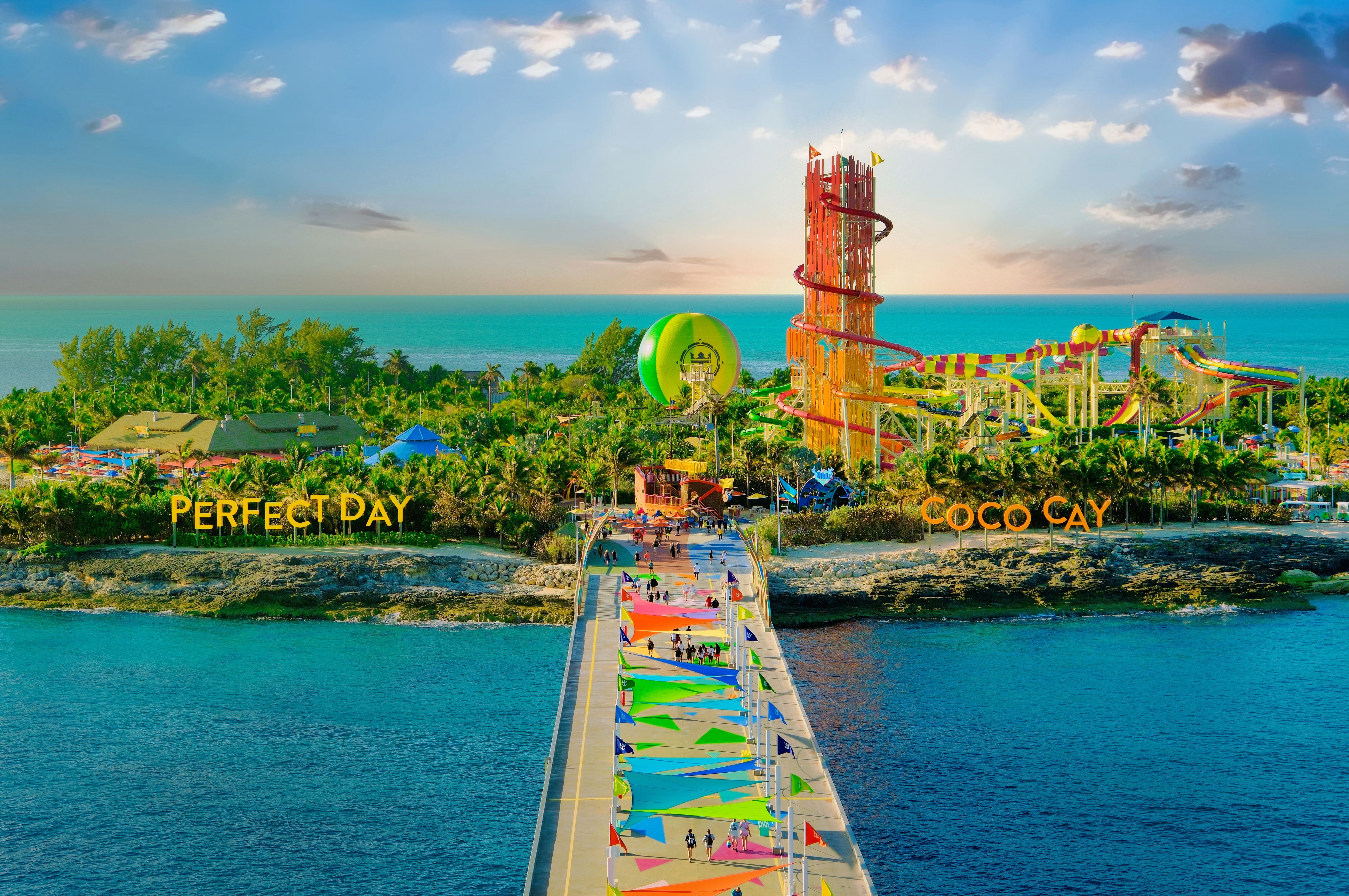 Perfect Day at CocoCay with vibrant water slides, activities, and lush landscaping, a private island destination by Royal Caribbean.