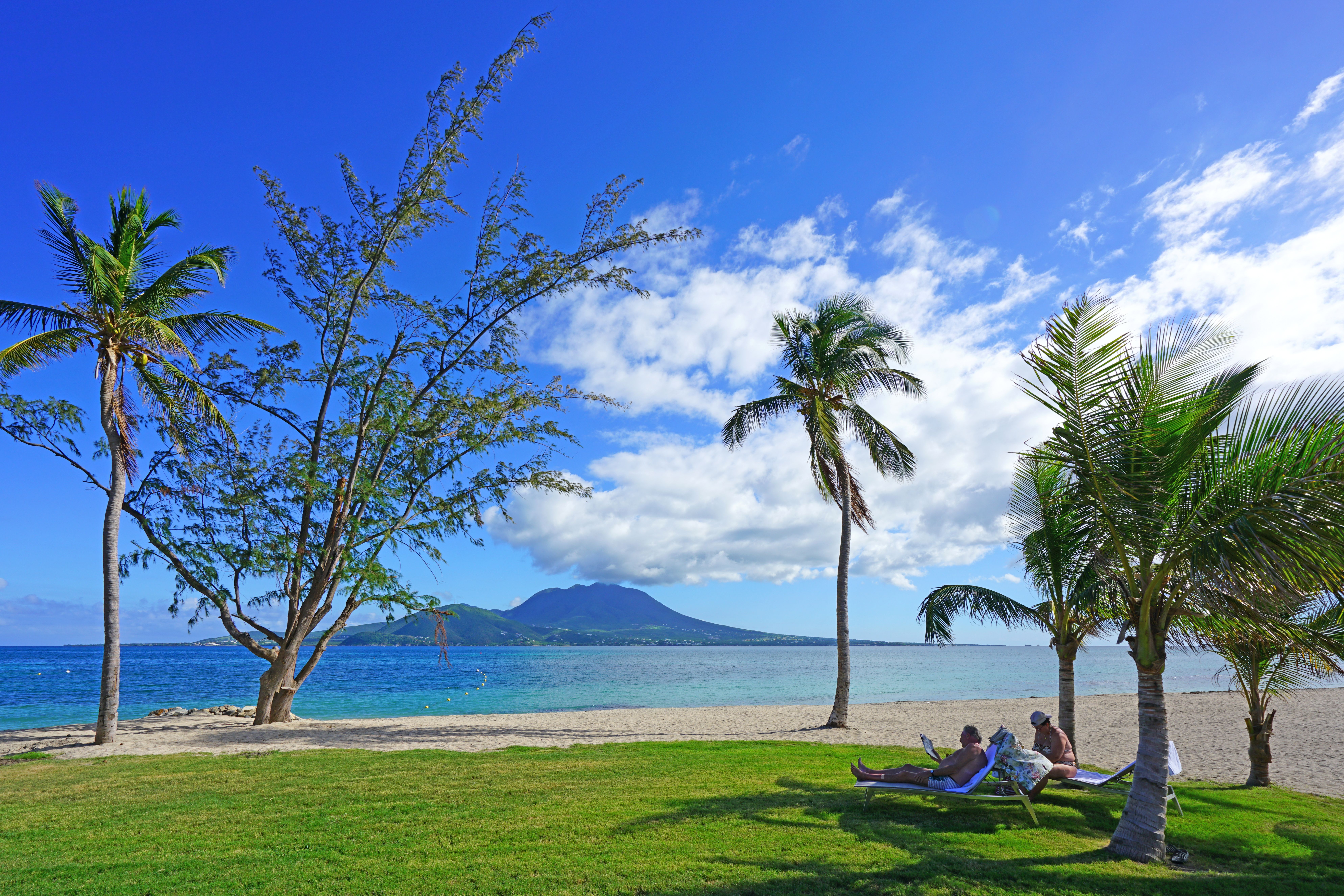 Tranquil Banana Bay Beach on St. Kitts with lush palm trees, clear blue skies, and a distant view of Nevis.