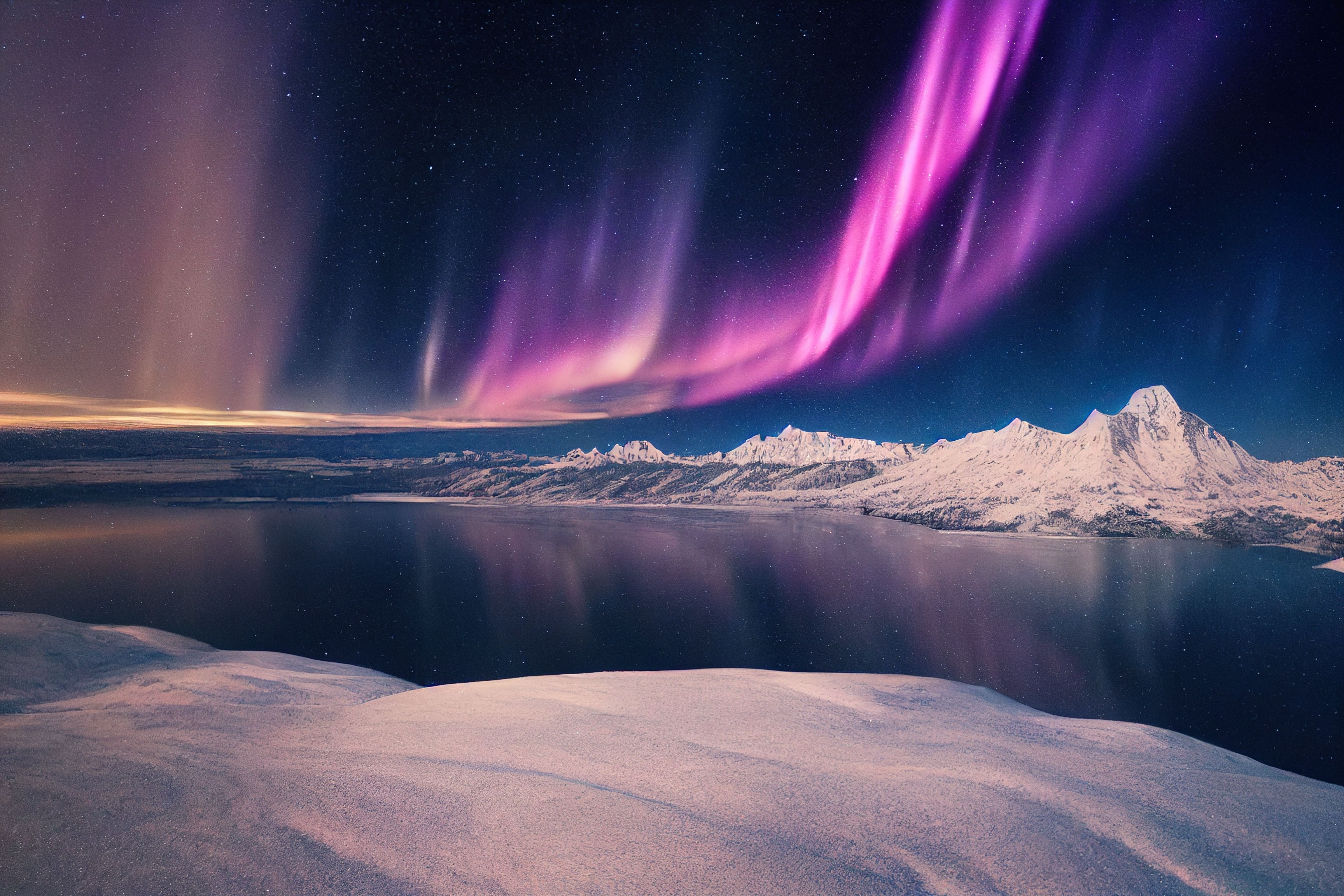 Aurora borealis reflecting in a serene Alaskan lake surrounded by mountains.