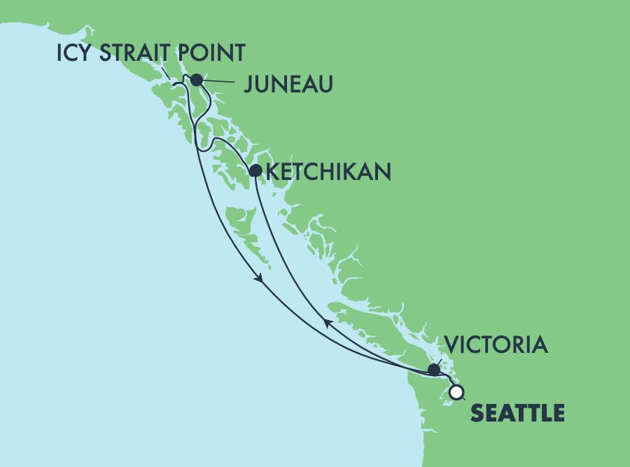 Inside Passage cruise route from Seattle to Victoria, Ketchikan, Juneau, and Icy Strait Point in Alaska.