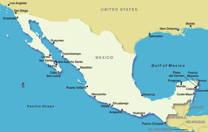 **Alt Text:**  "Map of Mexican Riviera showing cruise ports from Ensenada to Huatulco, including Cabo San Lucas, Puerto Vallarta, Mazatlán, and Cozumel."