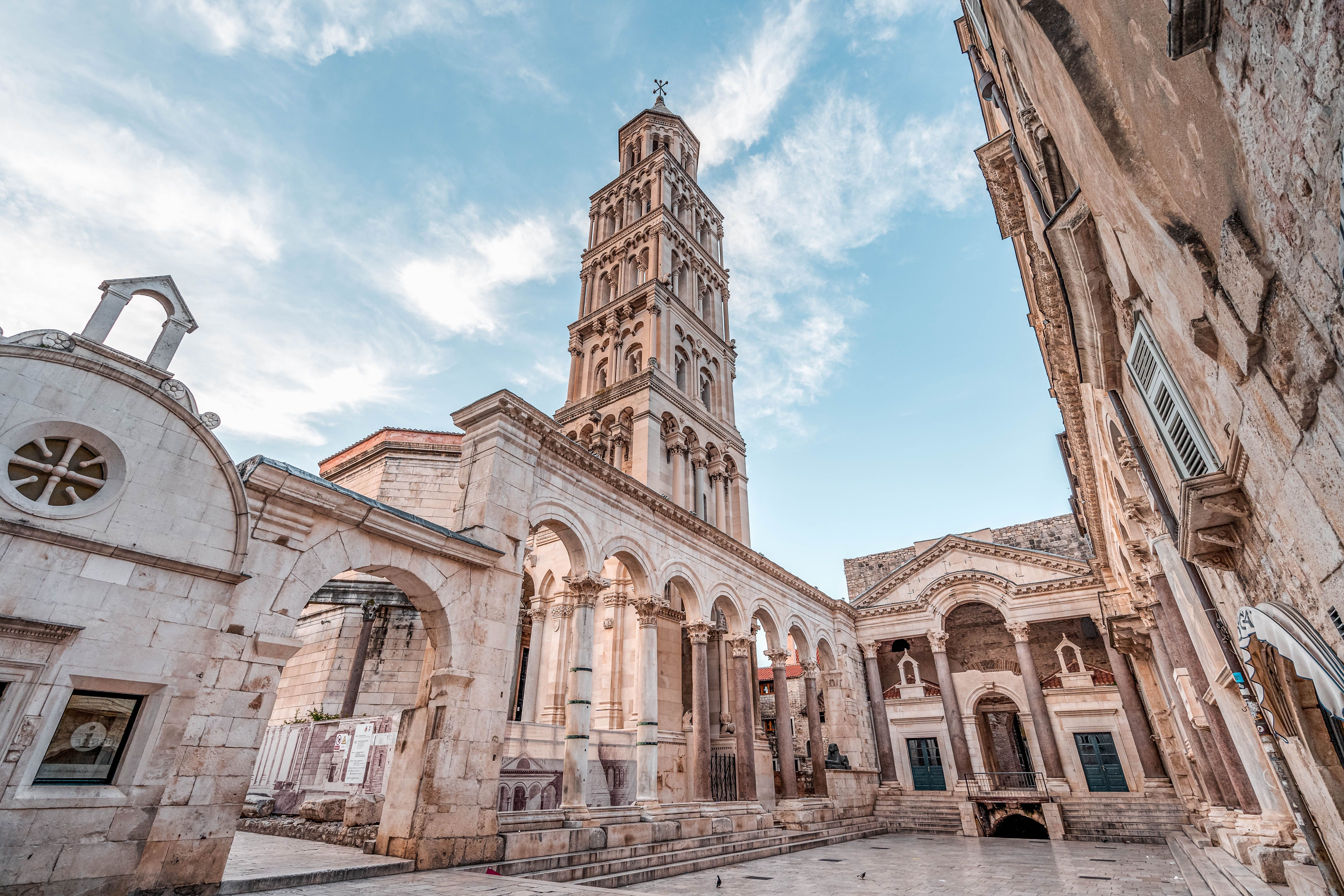 Historic Diocletian's Palace in Split, Croatia with tall bell tower and ancient architecture