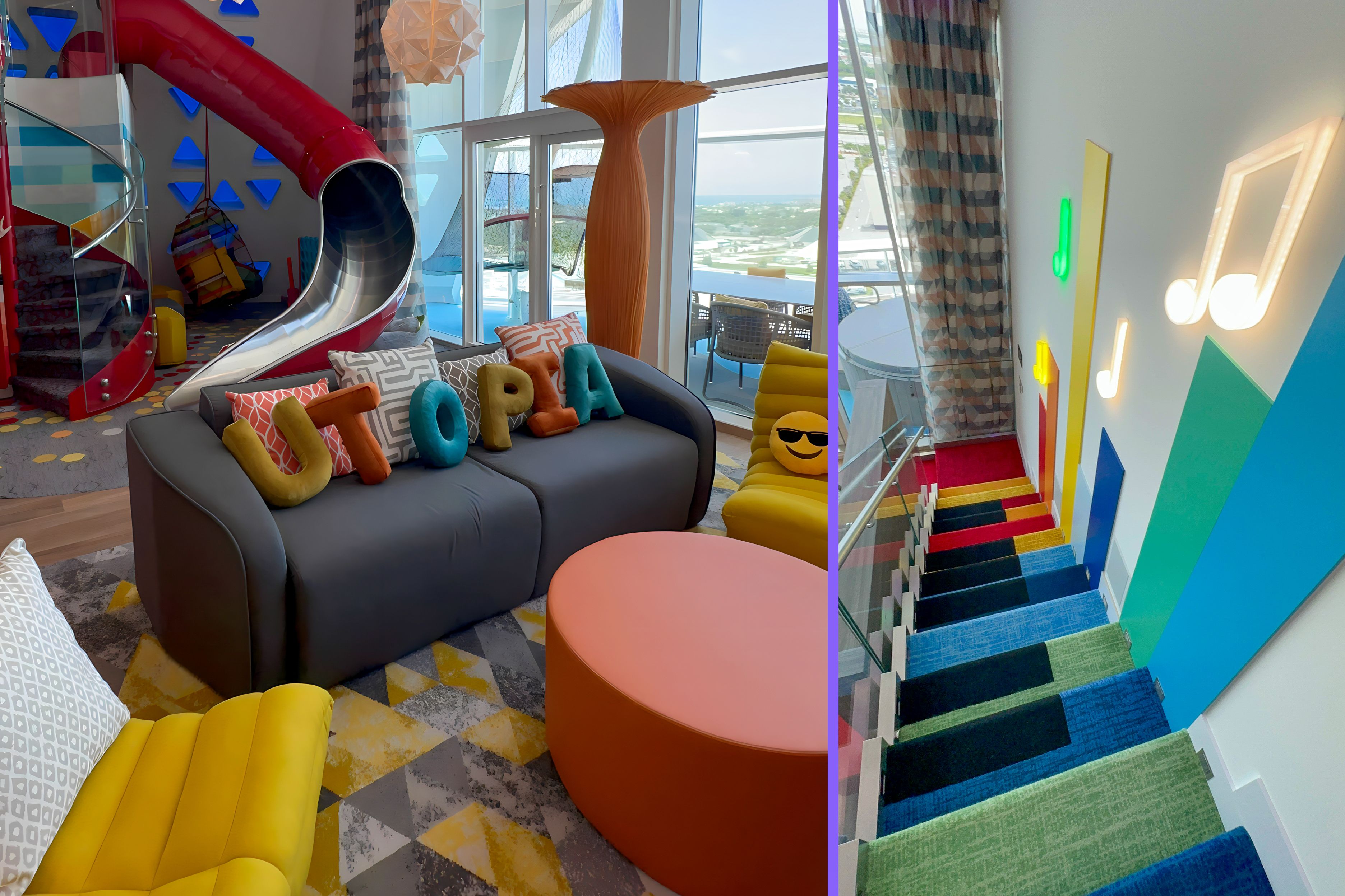 Ultimate Family Suite on Royal Caribbean's Utopia of the Seas, featuring a bright, colorful living area with a slide, playful pillows, and a working keyboard staircase decorated with musical notes.