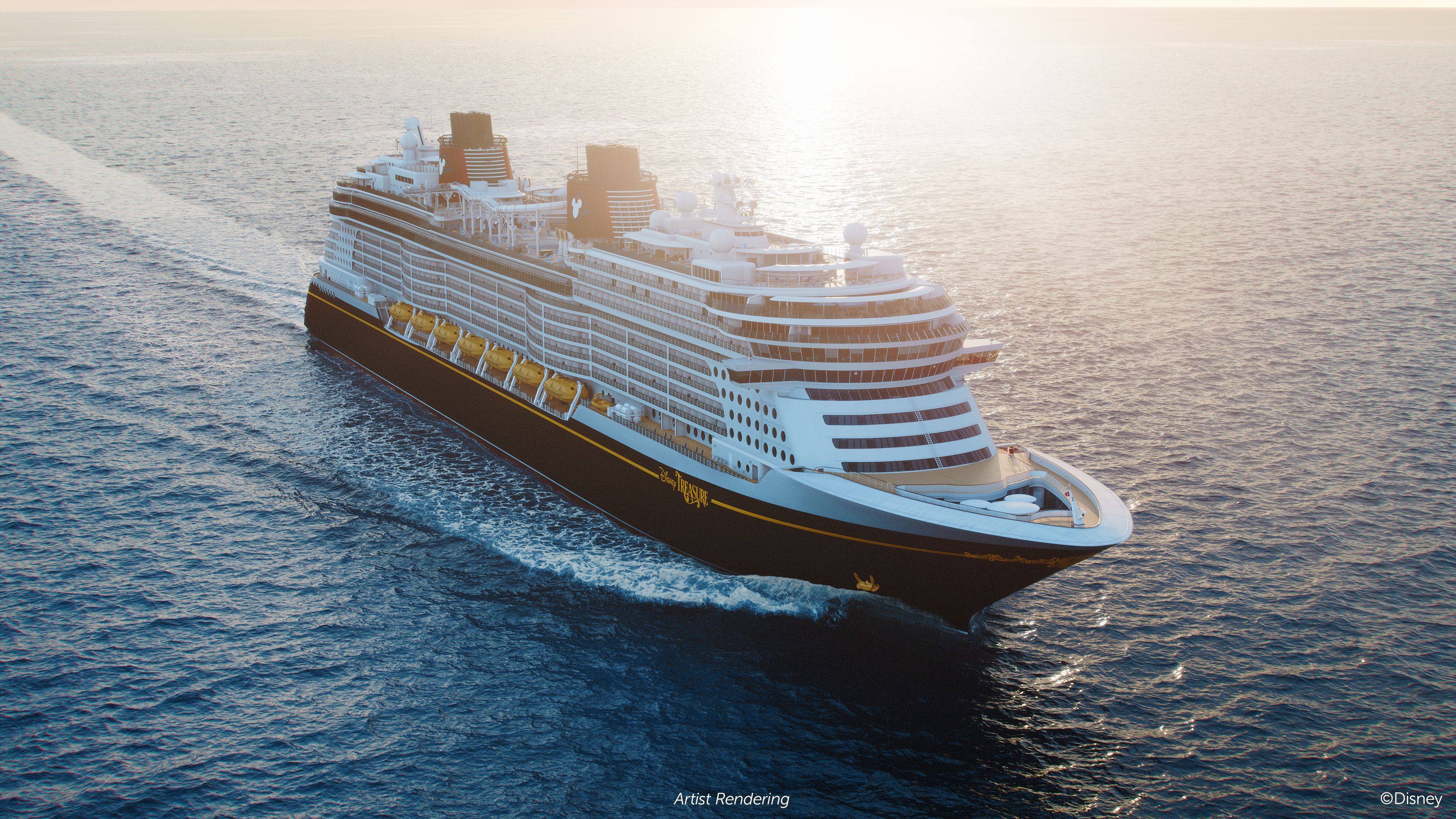 Disney Treasure cruise ship sails across calm blue waters, captured at sunrise, showcasing its sleek design and signature Disney branding. 