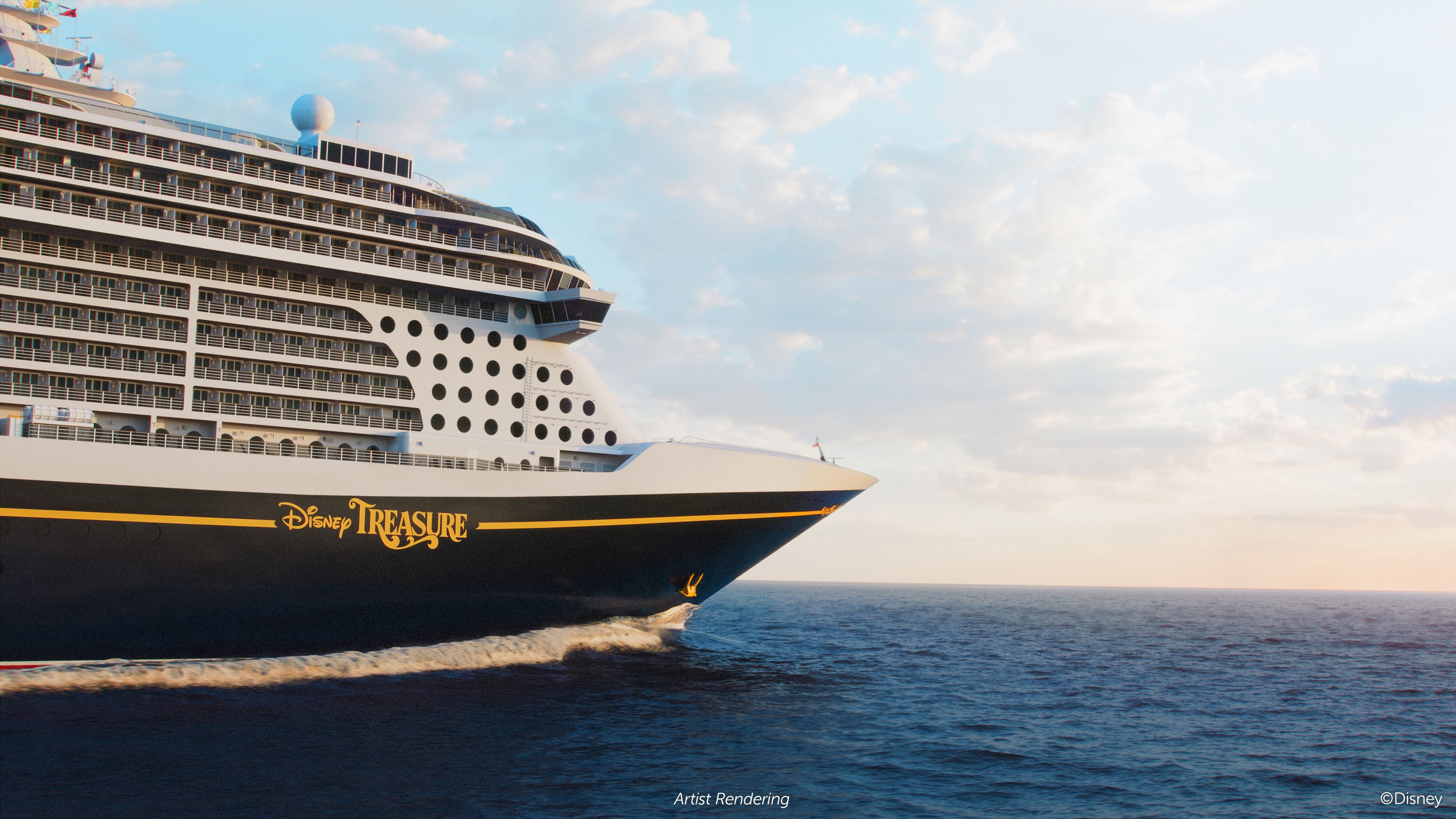 Artist rendering of the Disney Treasure cruise ship's bow, showcasing its sleek design, iconic Disney logo, and elegant gold detailing as it sails across calm ocean waters under a bright sky.