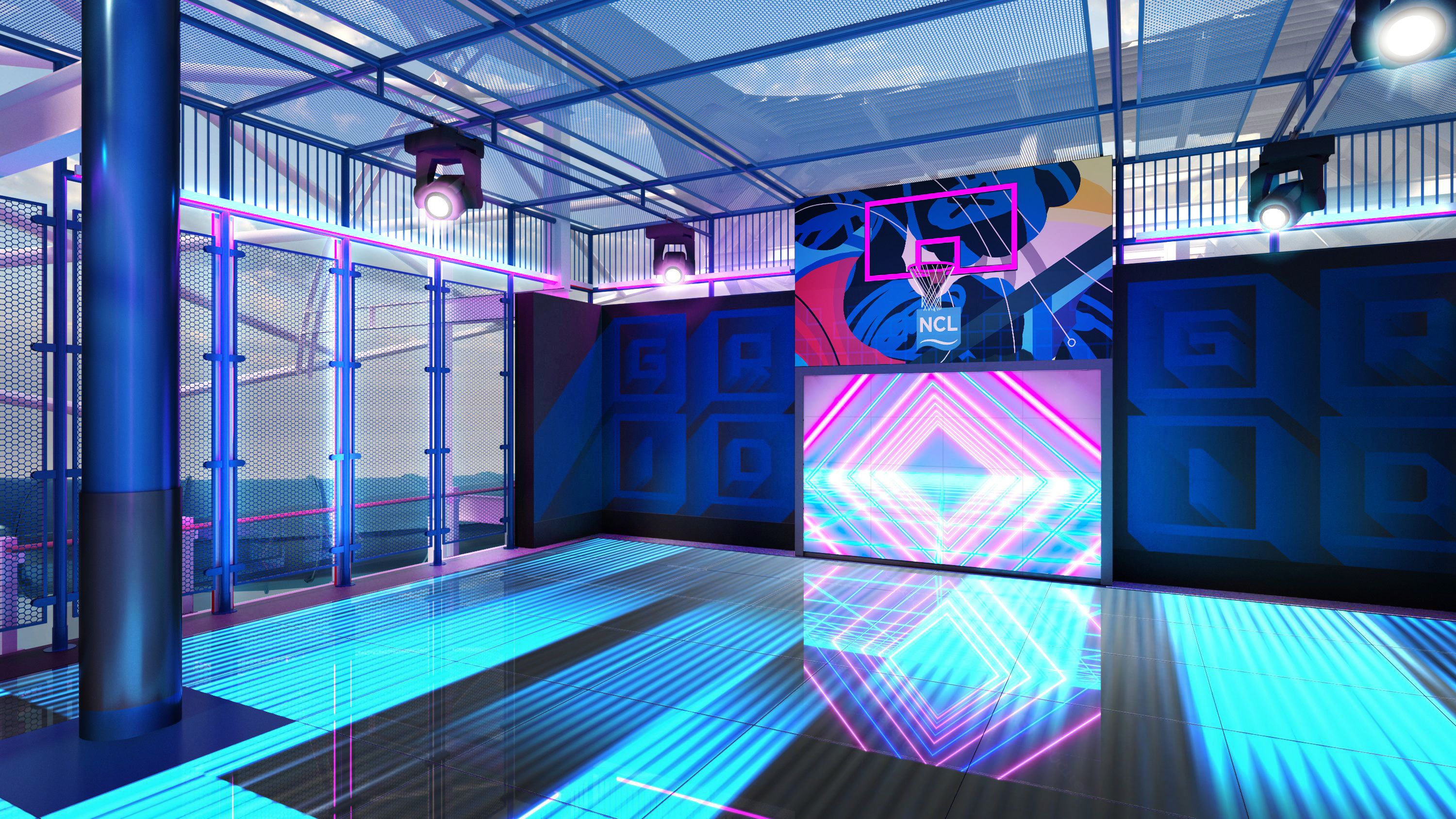 The Glow Court on Norwegian Luna is a high-tech, interactive sports and gaming arena featuring vibrant neon lighting, digital screens, and a futuristic design for active entertainment.