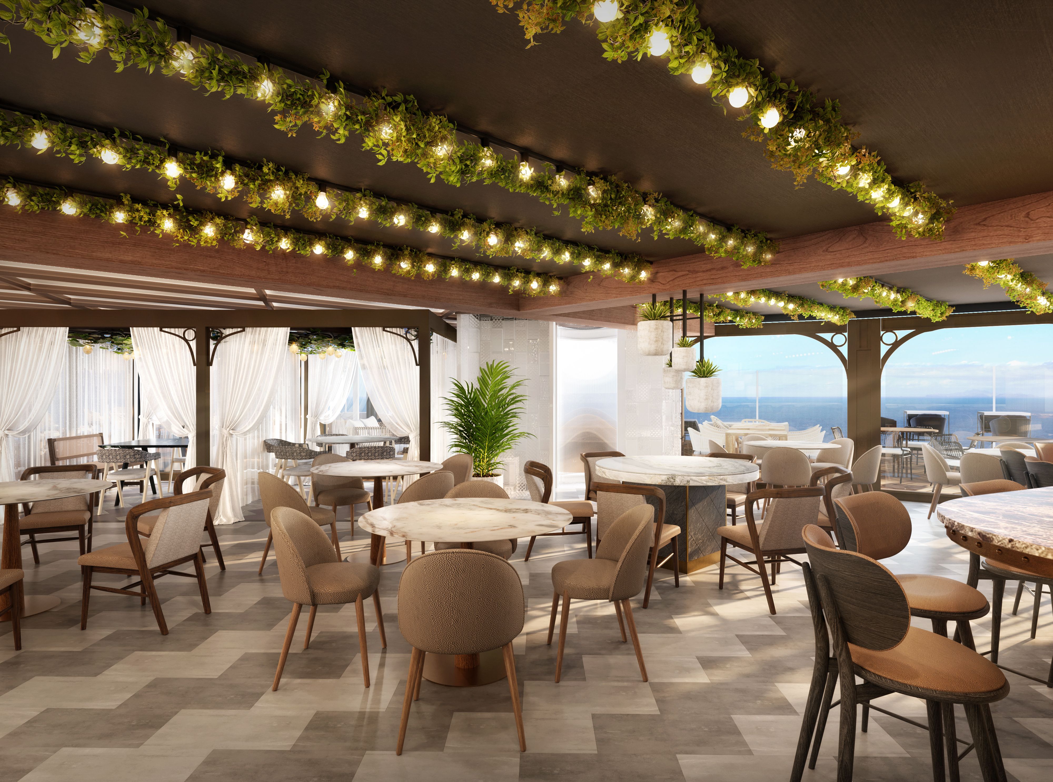 Indulge Food Hall on Norwegian Luna offers a stylish, open-air dining space with elegant seating, greenery, and ocean views, creating a relaxed and inviting culinary experience at sea.