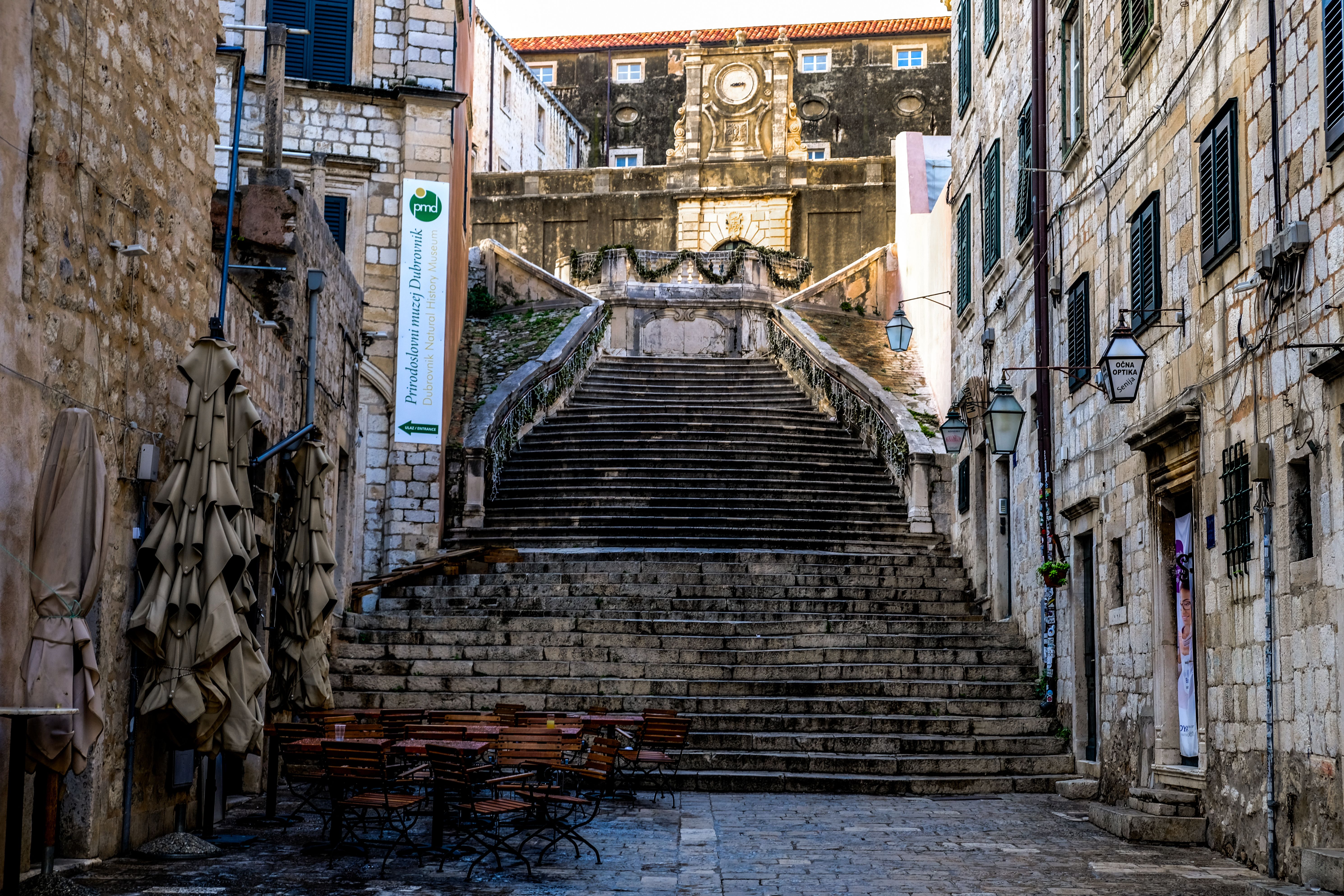The Jesuit Staircase in Dubrovnik, Croatia, a historic stone staircase leading to St. Ignatius Church, famous for its Baroque design and "Game of Thrones" filming location.