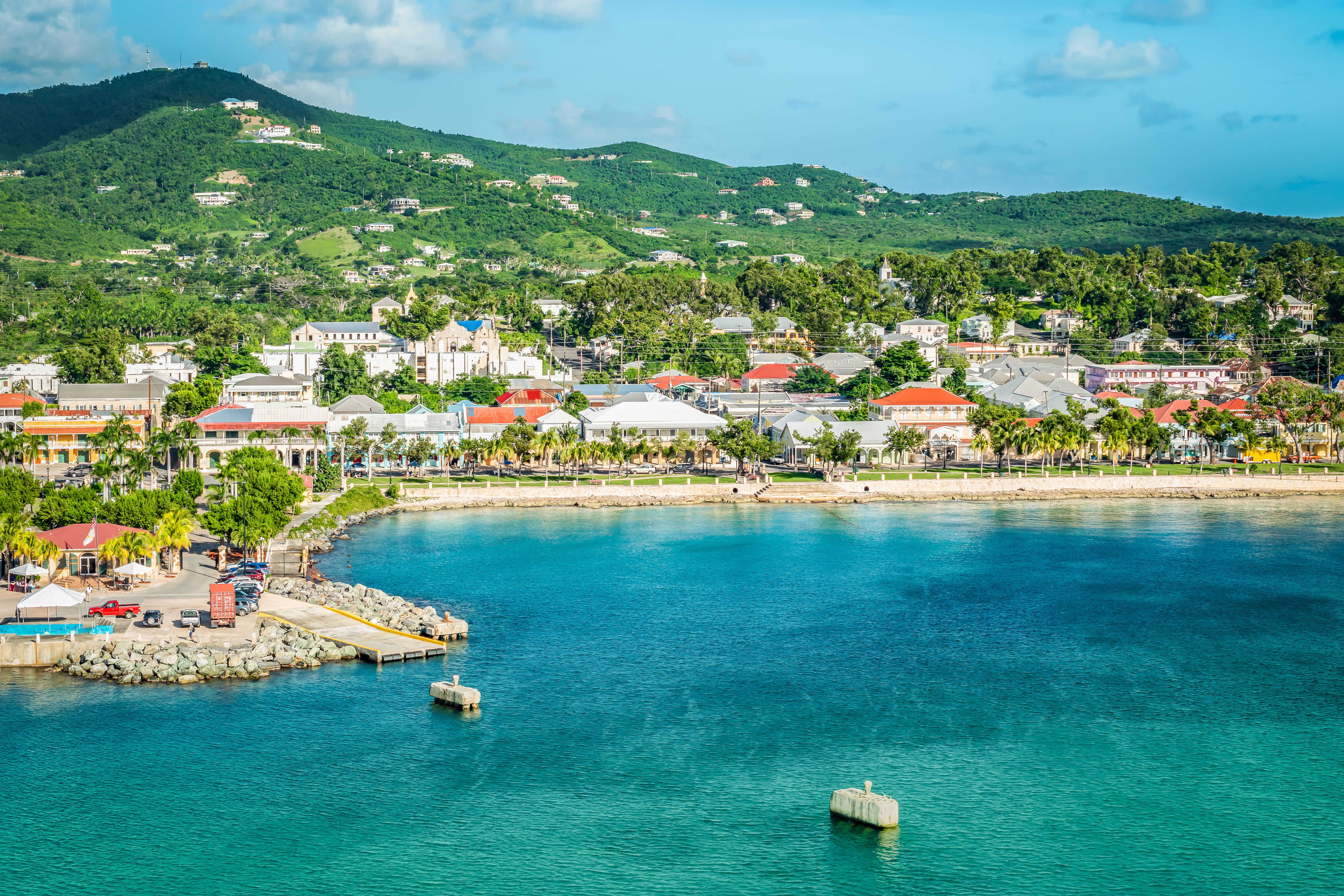 Scenic view of St. Croix, U.S. Virgin Islands with turquoise waters, historic buildings, palm-lined shore, and lush green hills.