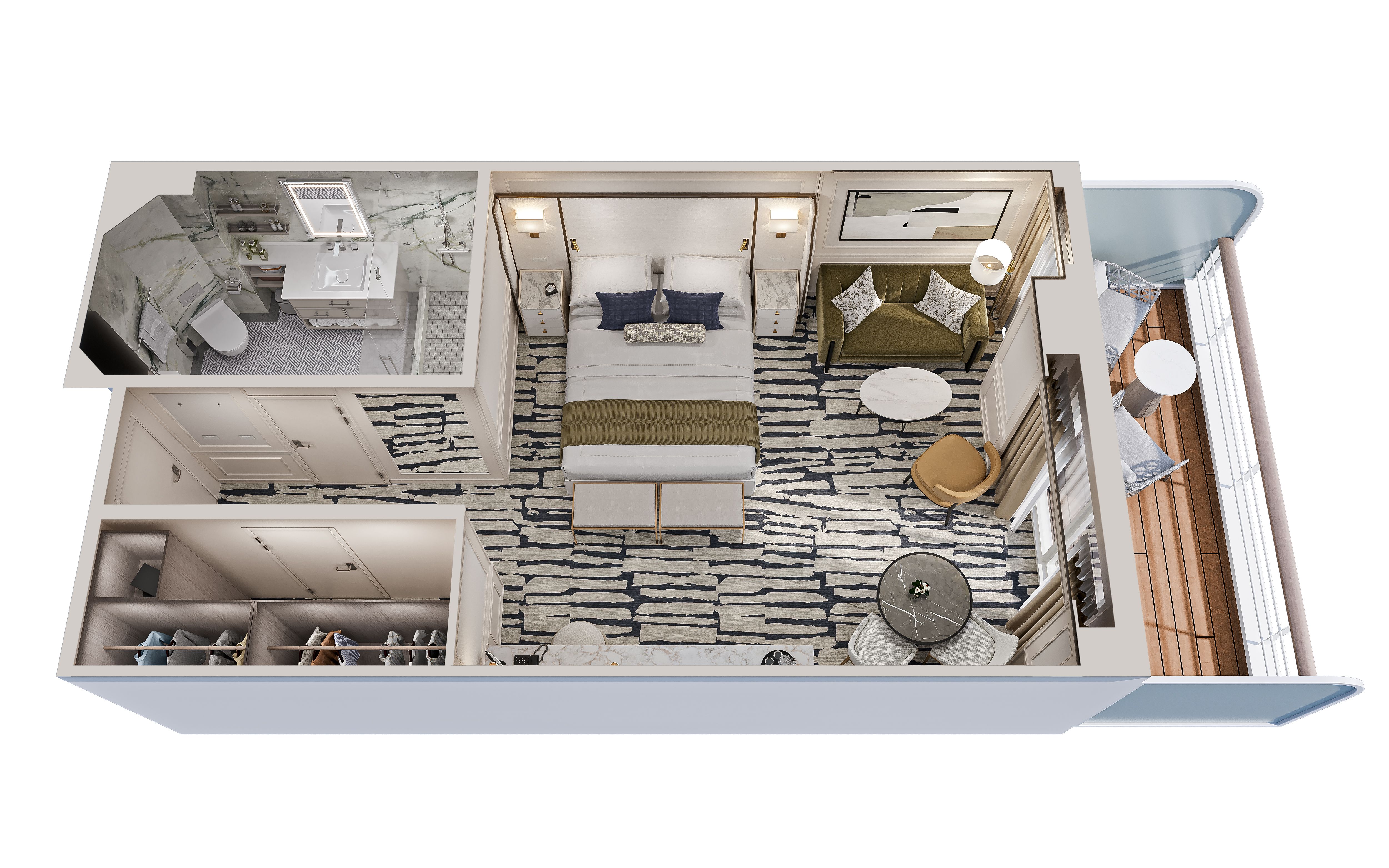 Penthouse Suite on Oceania Riviera featuring a king bed, marble bathroom, walk-in closet, sitting area, and private teak veranda with ocean views.