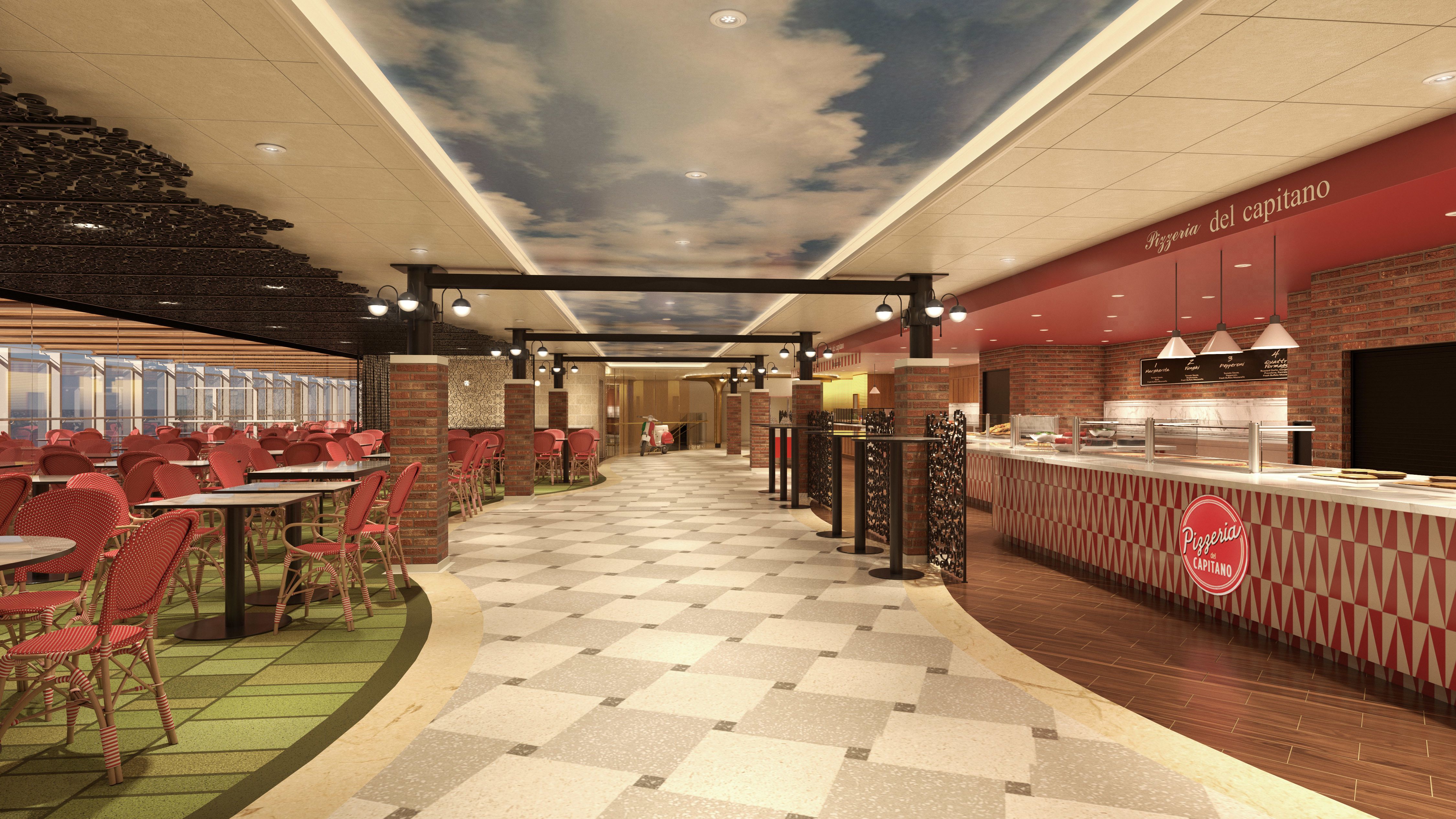 Pizzeria del Capitano at La Piazza aboard Carnival Mardi Gras, featuring casual Italian dining with red bistro seating and a sky-painted ceiling.