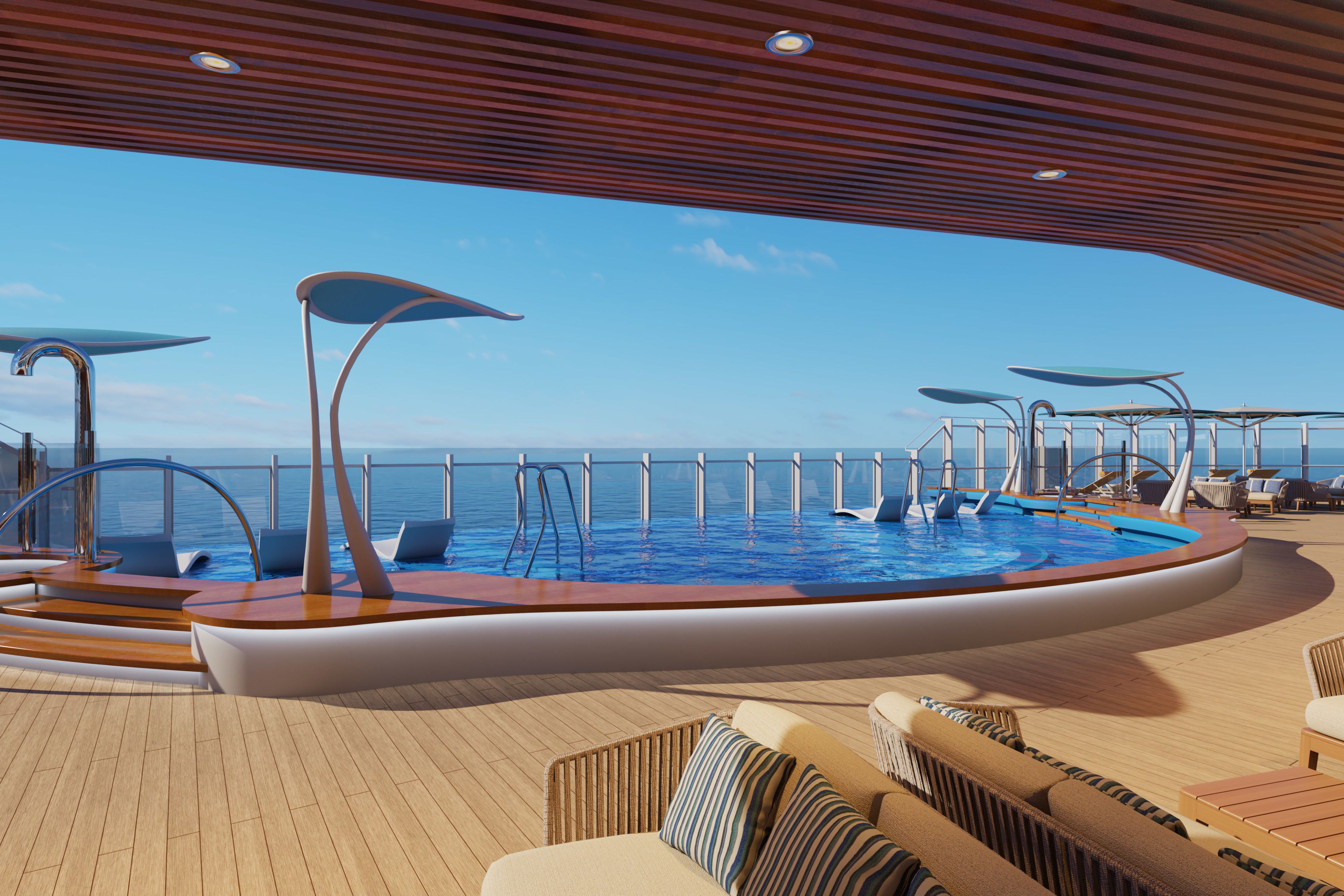 Summer Landing pool area aboard Carnival Mardi Gras, featuring modern sun loungers, shaded canopies, and infinity-edge views of the ocean.