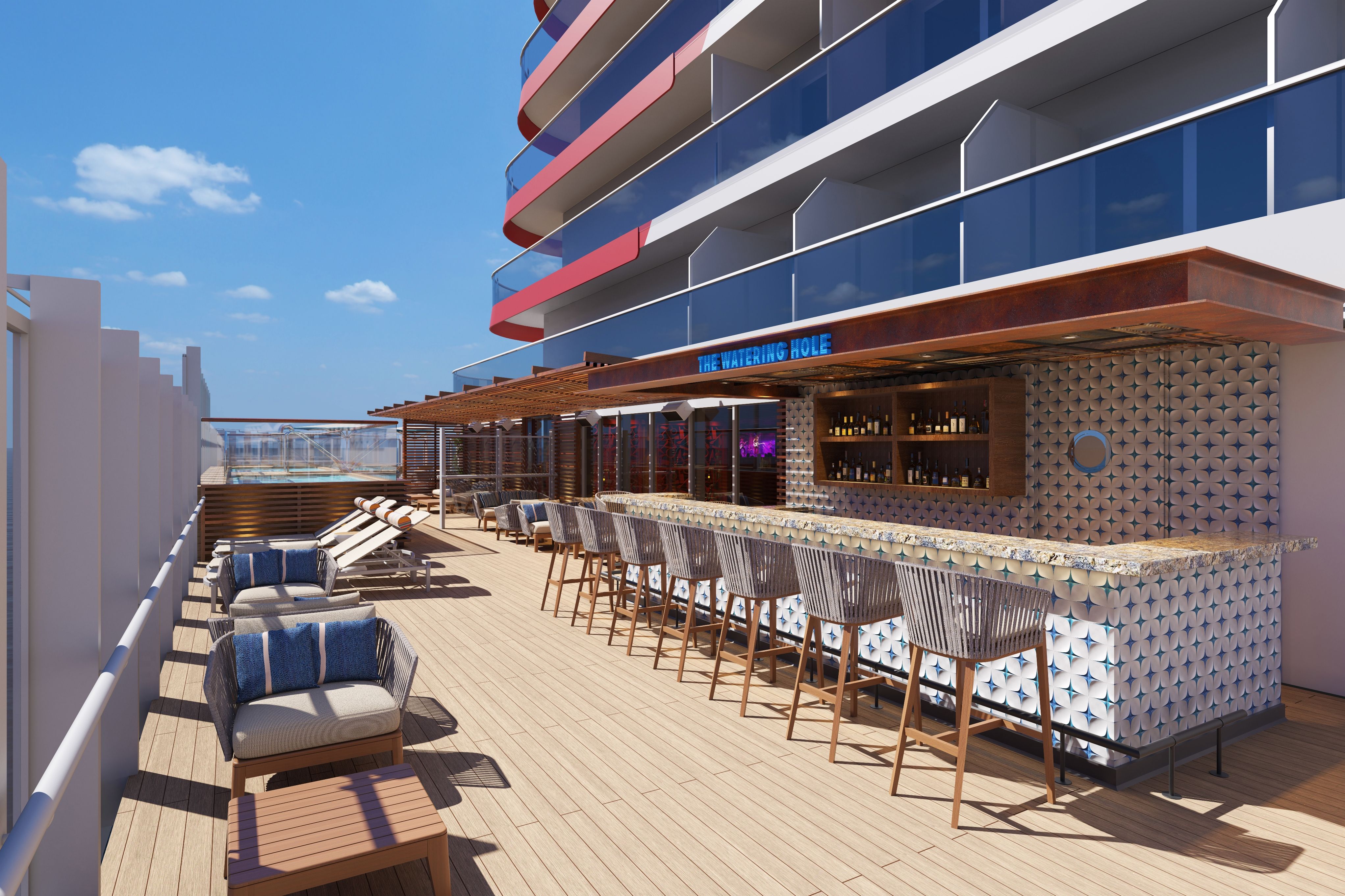 Outdoor bar area aboard Carnival Mardi Gras featuring The Watering Hole, a laid-back spot with ocean views, shaded seating, and tropical drink service.