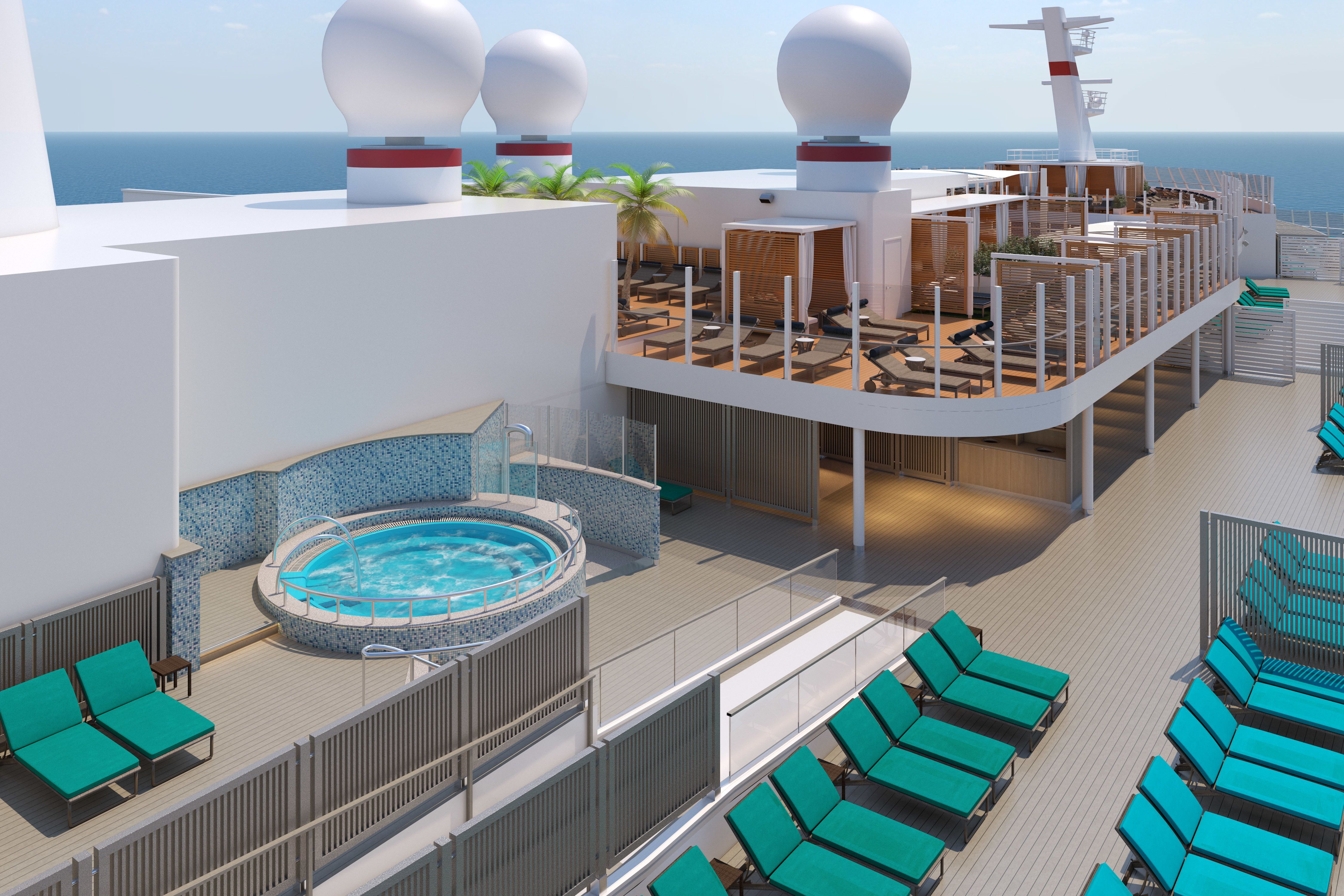 Carnival Mardi Gras Serenity area featuring an exclusive adults-only retreat with a hot tub, private cabanas, and plush lounge chairs overlooking the ocean.