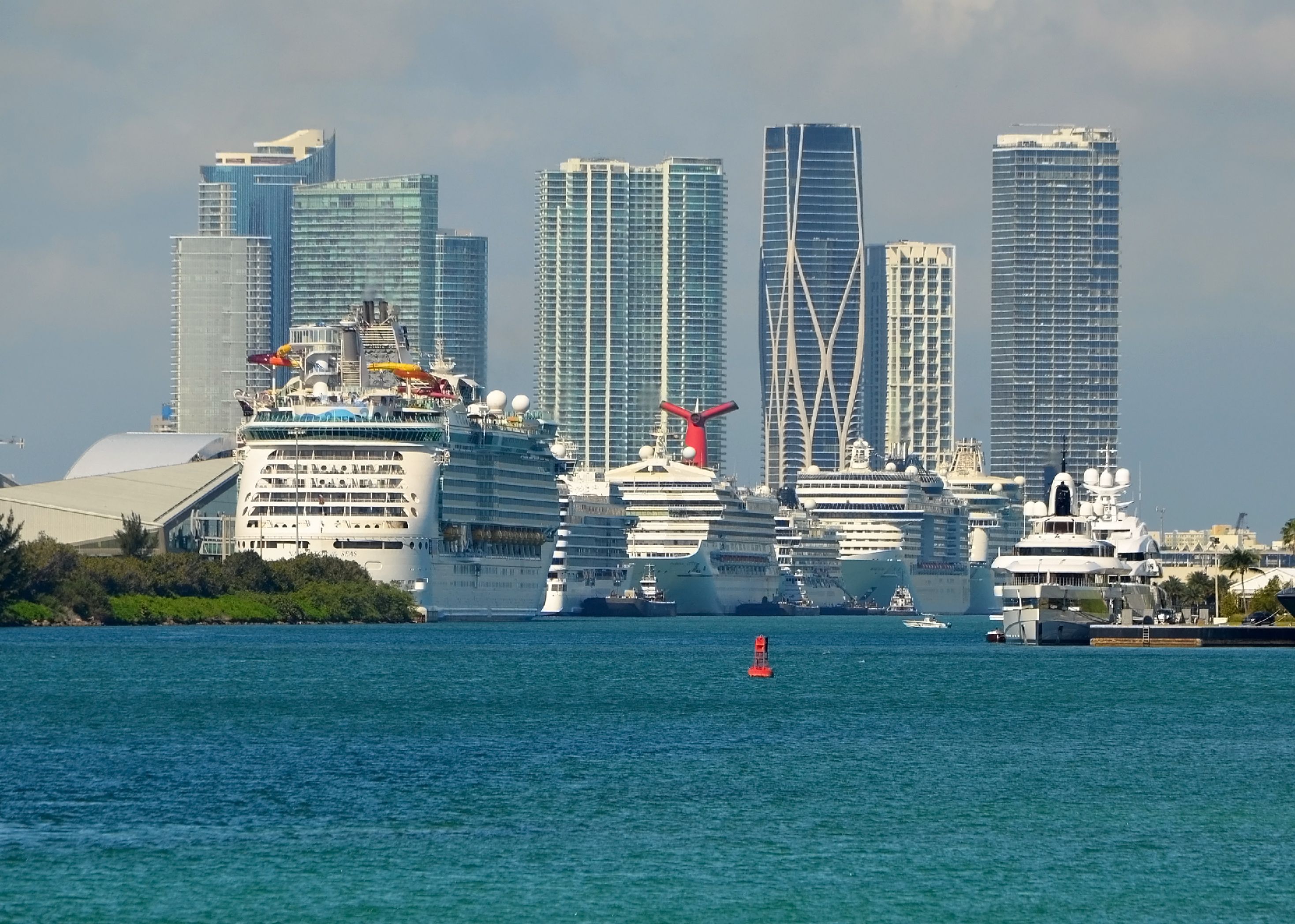 Multiple cruise ships docked at PortMiami with downtown Miami skyline in background, featuring Royal Caribbean and Carnival ships ready for Caribbean departures.