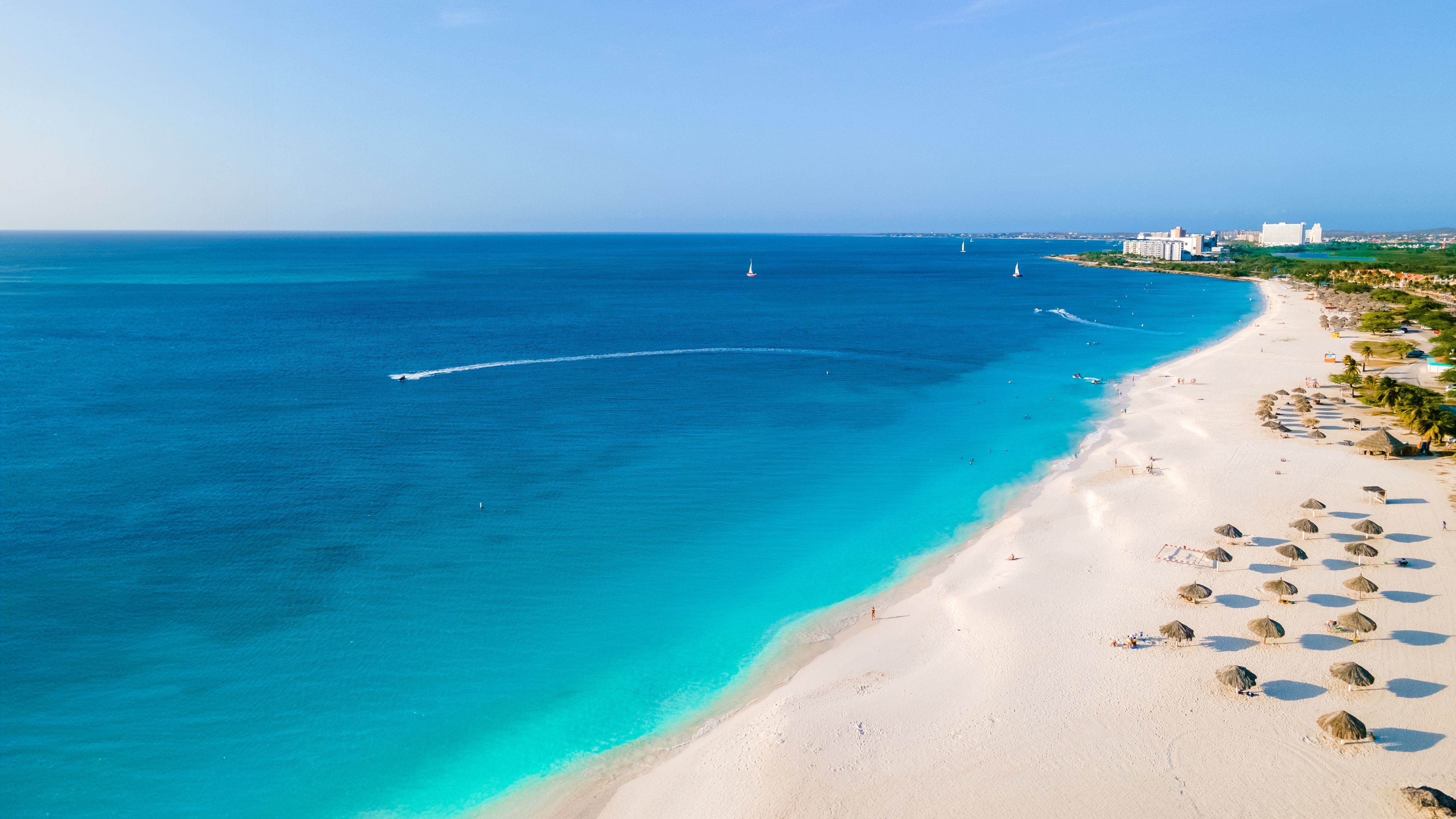 Aerial view of Eagle Beach in Aruba with turquoise waters, soft white sand, and palapa umbrellas lining the scenic Caribbean shoreline.