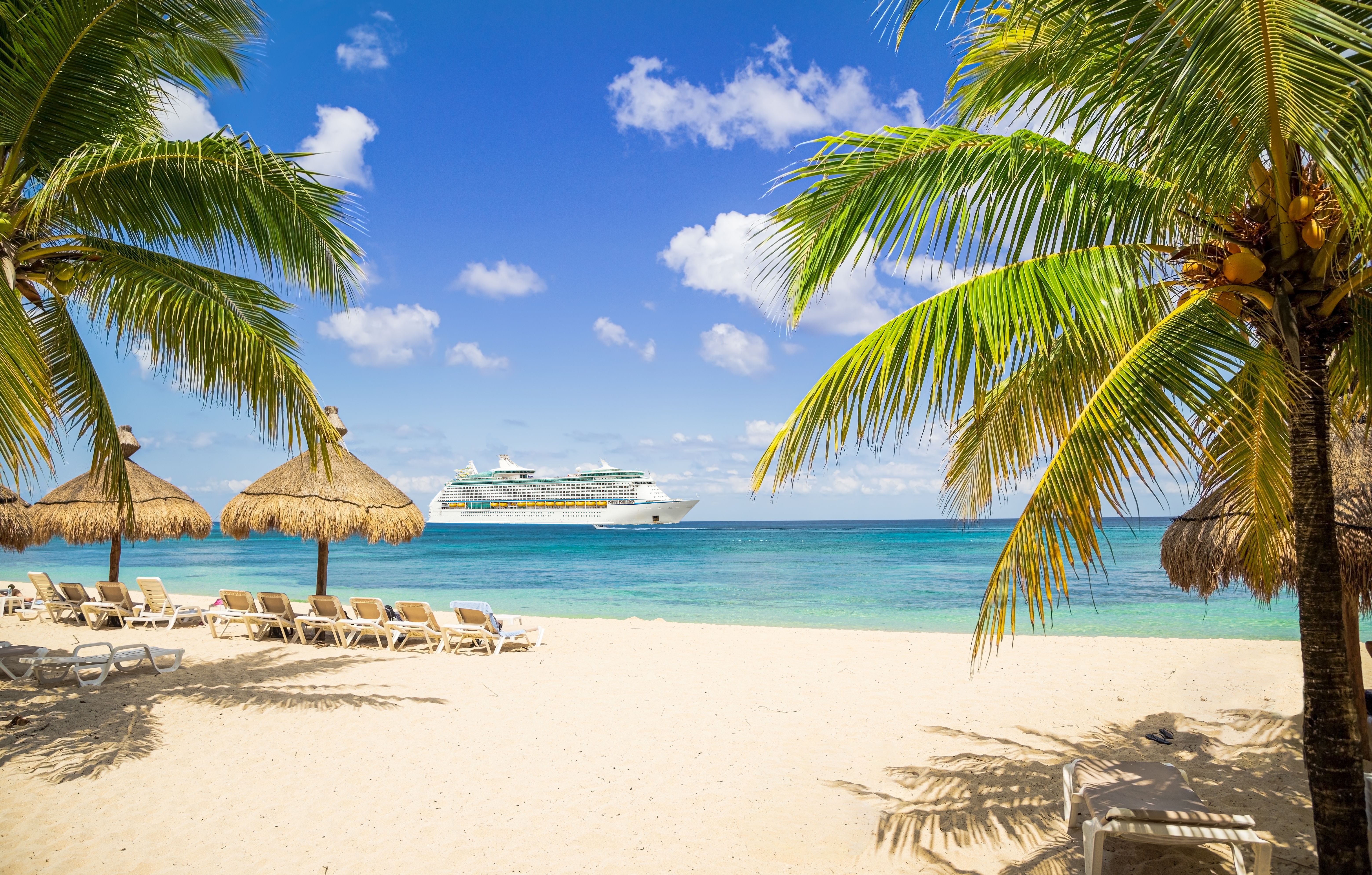 Cruise ship anchored off a tropical Caribbean beach with palm trees, thatched umbrellas, and turquoise water under a sunny blue sky.