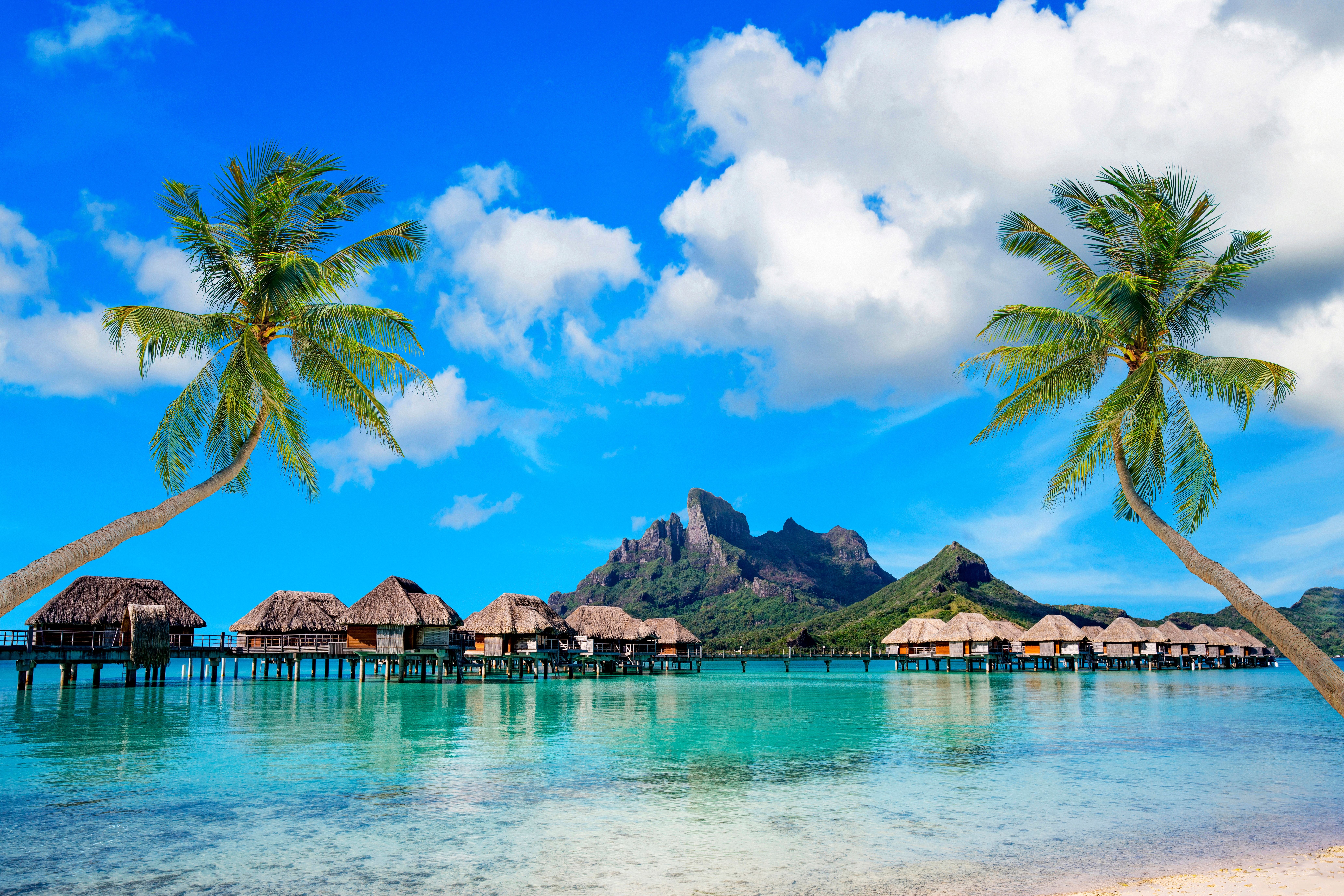 Scenic Bora Bora beach with turquoise lagoon, overwater bungalows, swaying palm trees, and Mount Otemanu in the background under a vibrant blue sky.